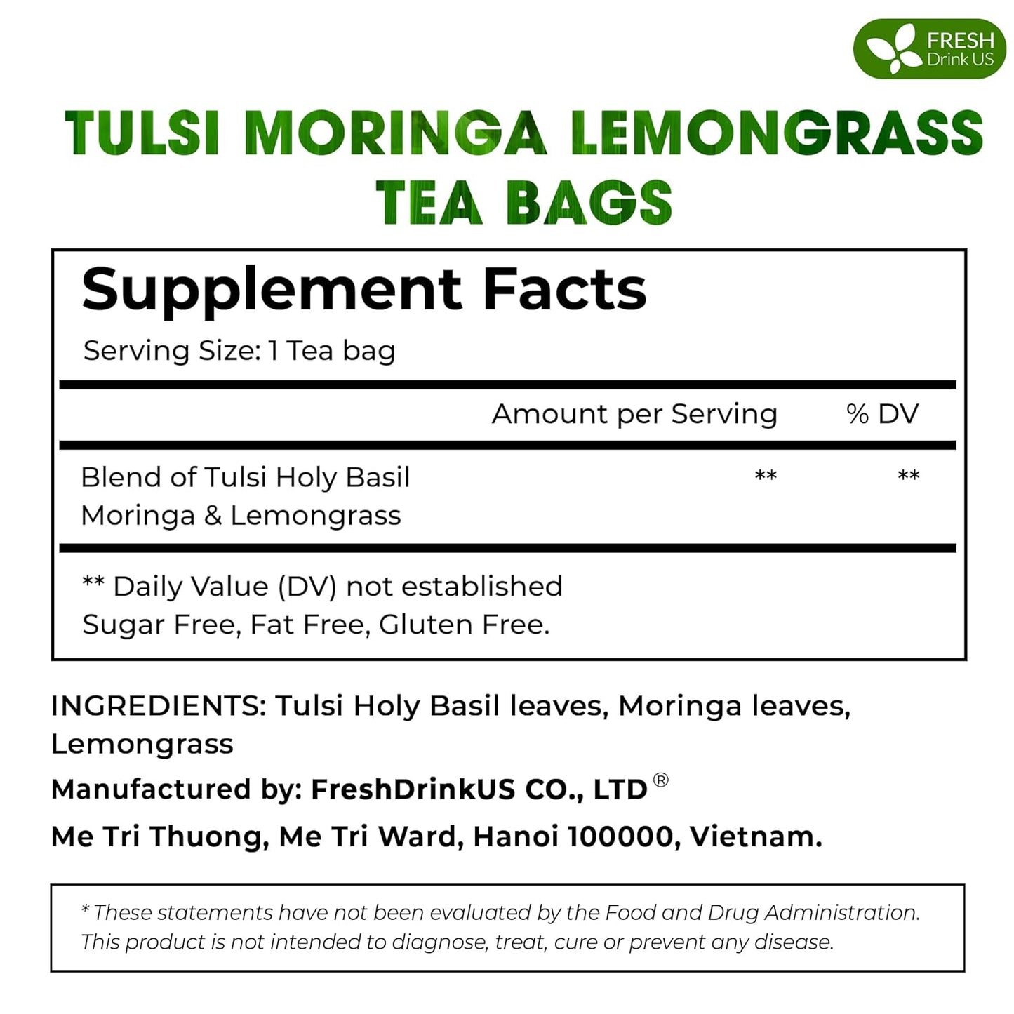 FreshDrinkUS, Premium 75 Tea Bags Tulsi Moringa Lemongrass, 100% Natural & Pure from Tulsi Holy Basil Leaves, Moringa & Lemongrass. Made with Natural Material Tea Bags. No Sugar, No Caffeine, Vegan.