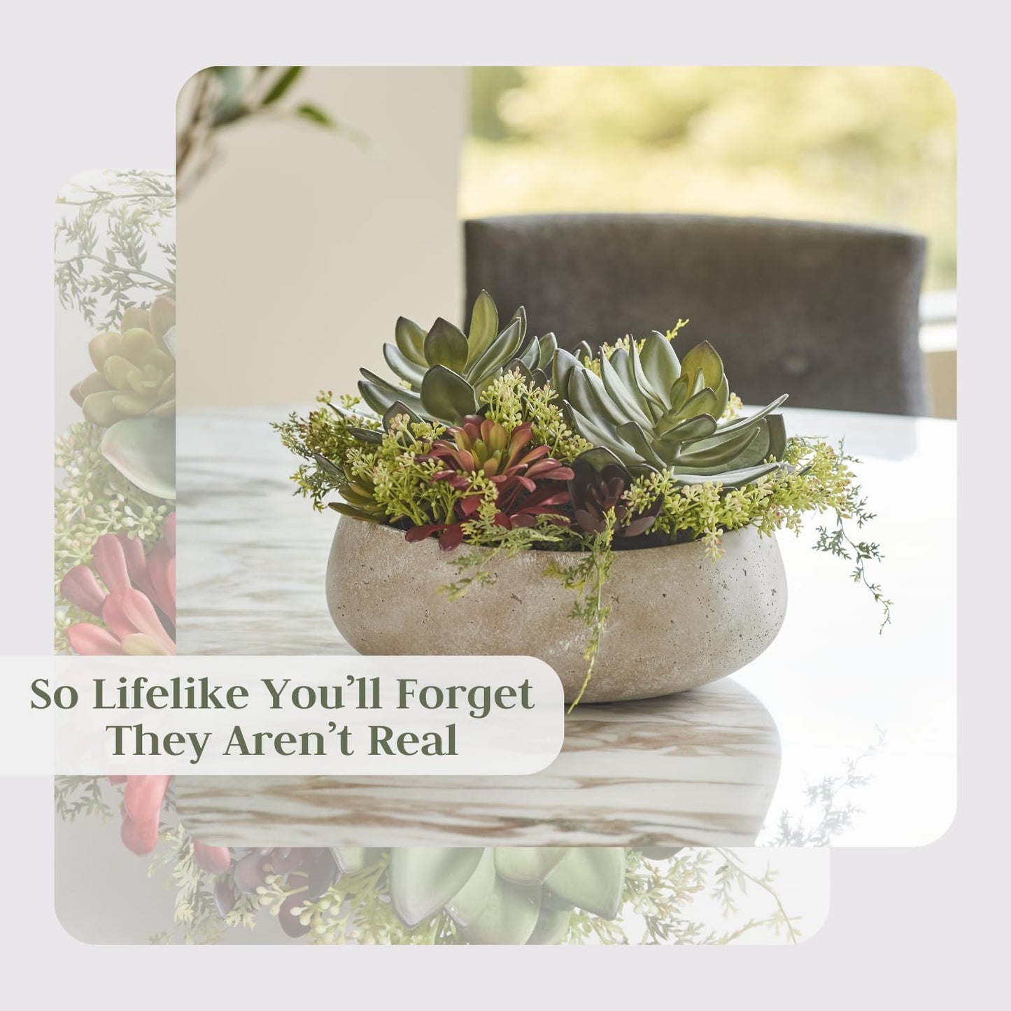 Round Faux Succulent Arrangement, 14" Premium Artificial Indoor Plant Enhances Interior Design, Display on Any Surface in Your Home Adding an Inviting Touch of Nature, Natural Planter Pot Included