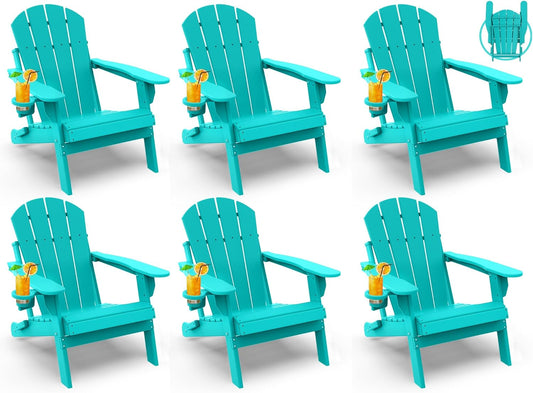 GREENVINES Folding-Adirondack-Chairs-Set-of-6 | HDPE Plastic | Fire Pit Chair | All Weather | Cup Holder | Aqua | for Deck Backyard Patio Outdoor Garden