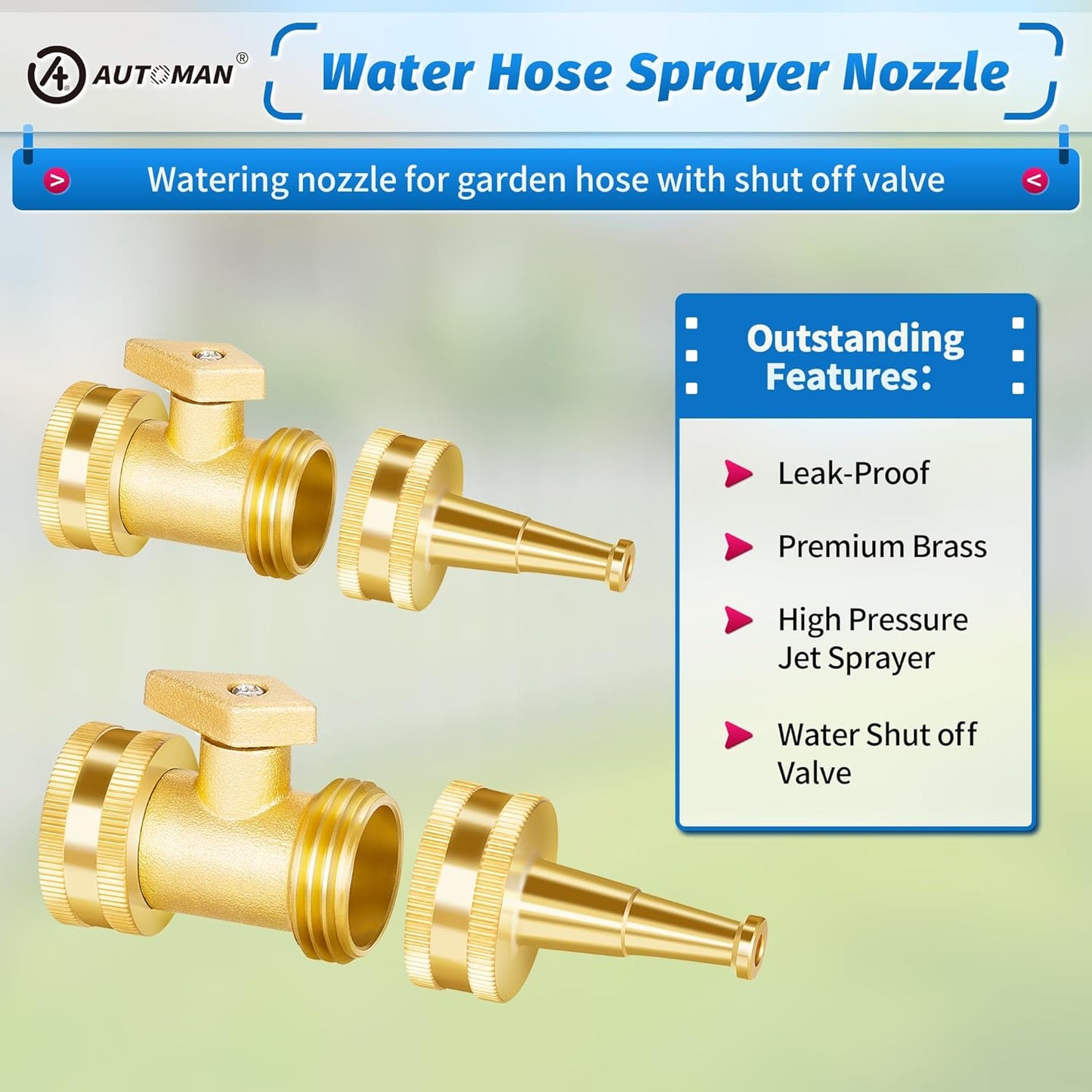 AUTOMAN Brass Hose Nozzle - High Pressure Jet Nozzle 4 Count (2 Set), Heavy Duty Water Hose Sprayer Sweeper with Hose Shutoff Valve, 3/4” GHT Nozzles for Garden Hose, Car Wash, Extra 10 Rubber Washers