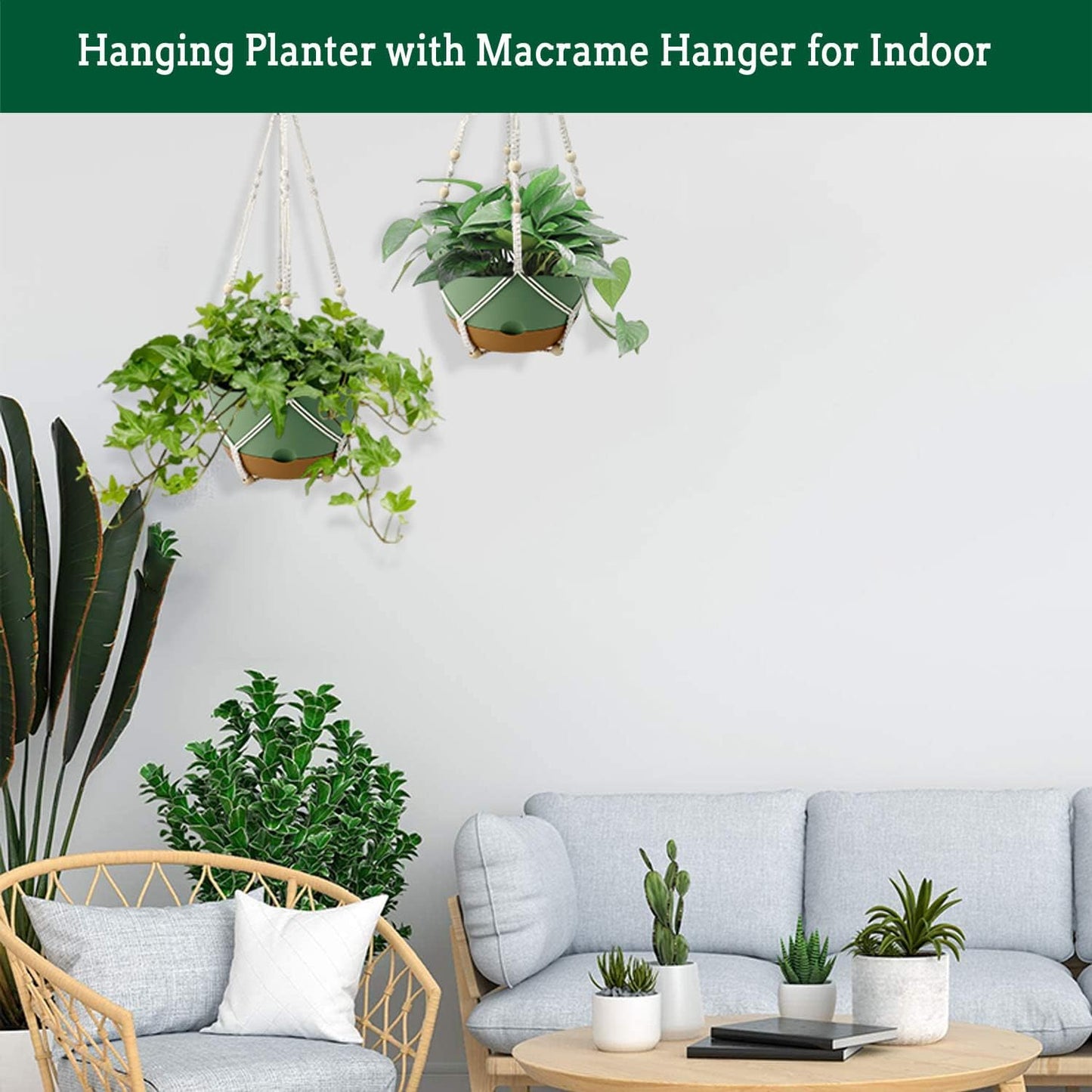 Hanging Planter Self Watering 10 Inch, 2 Pack Indoor Outdoor Hanging Baskets, Hanging Flower Pots with Drainage Hole & 2 Kinds of Plant Hangers for Garden Home Decor(Green)…