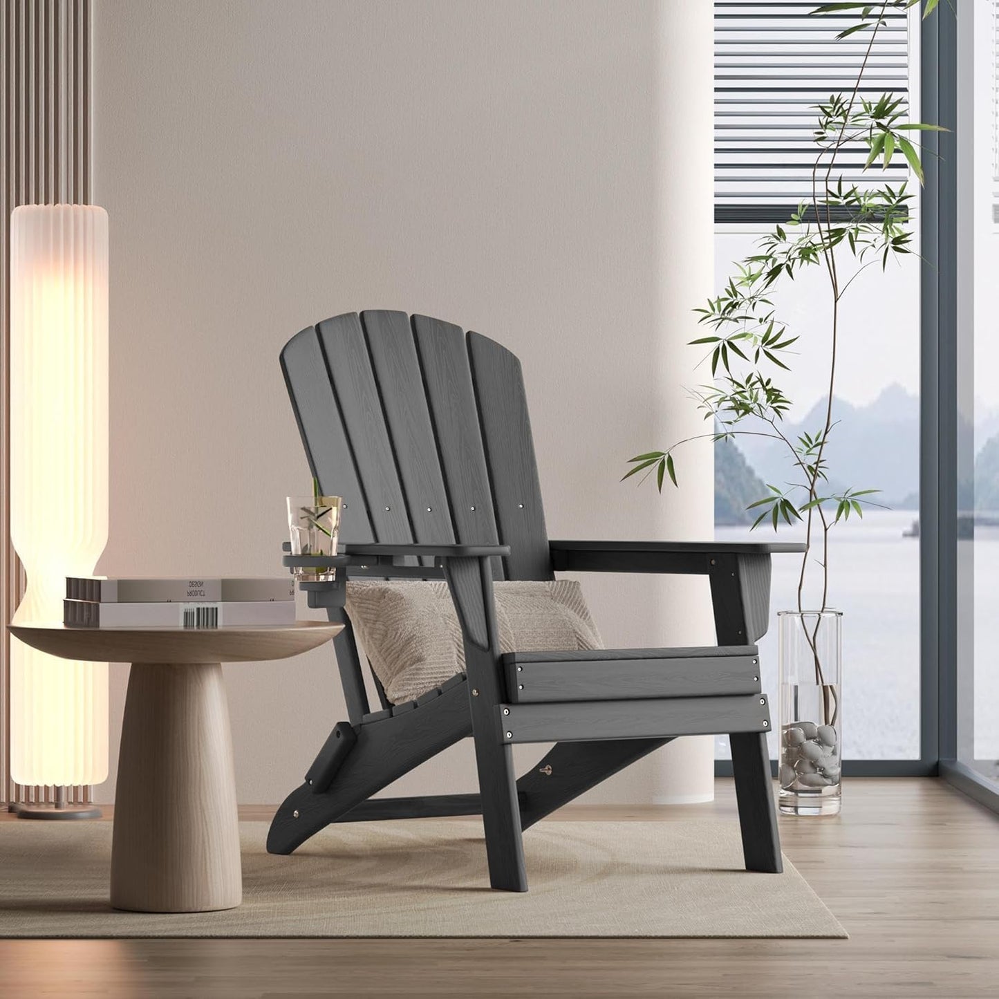 Folding Adirondack Chair - Extended Ergonomic Backrest, Cup Holder - Easy Assembly - Durable HDPE Plastic, Weather Resistant & Maintenance-Free - Lawn, Patio, Deck Supports 380lbs Grey