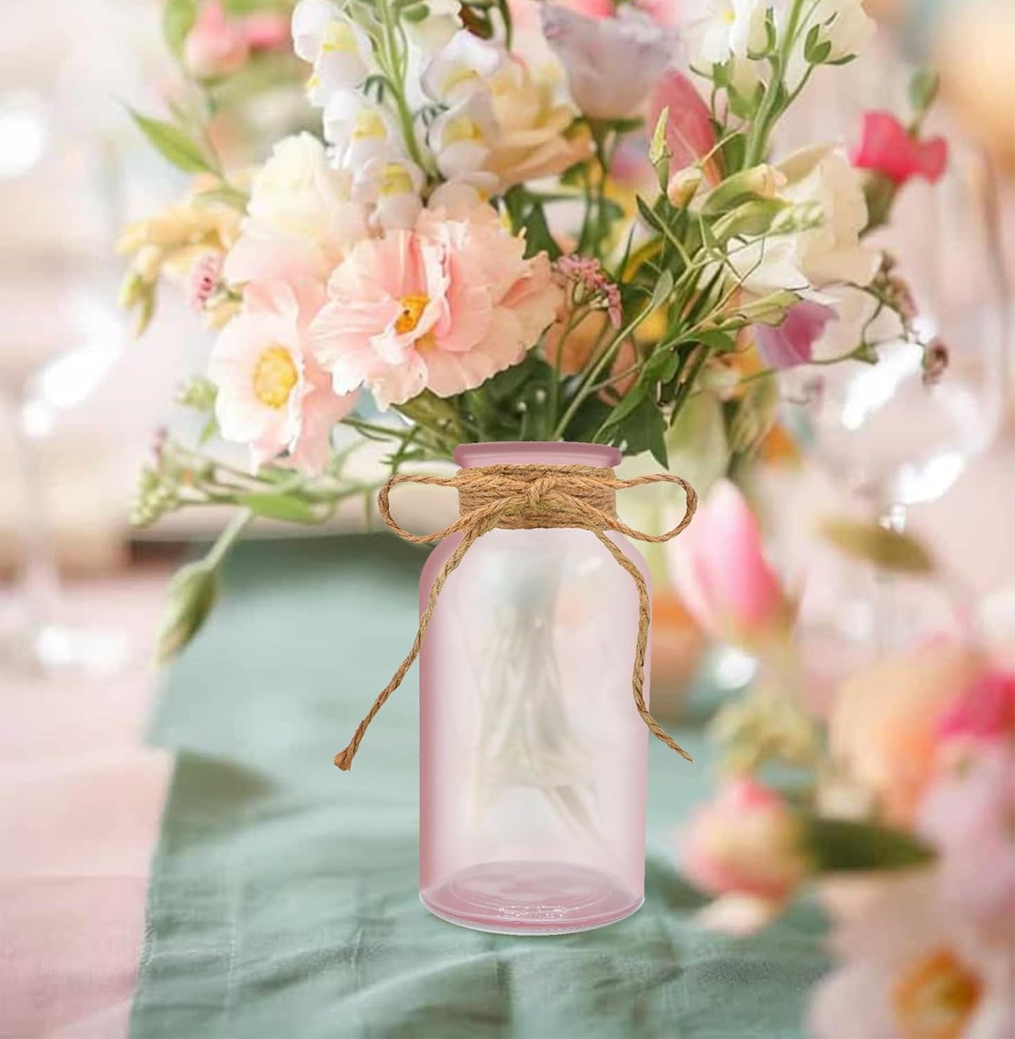 Vintage Glass Flower Vase，6 Pack Pink Farmhouse Glass Centerpiece Vases Mason Jars for Weddings, Parties & Home Decor Bulk (6, Pink)