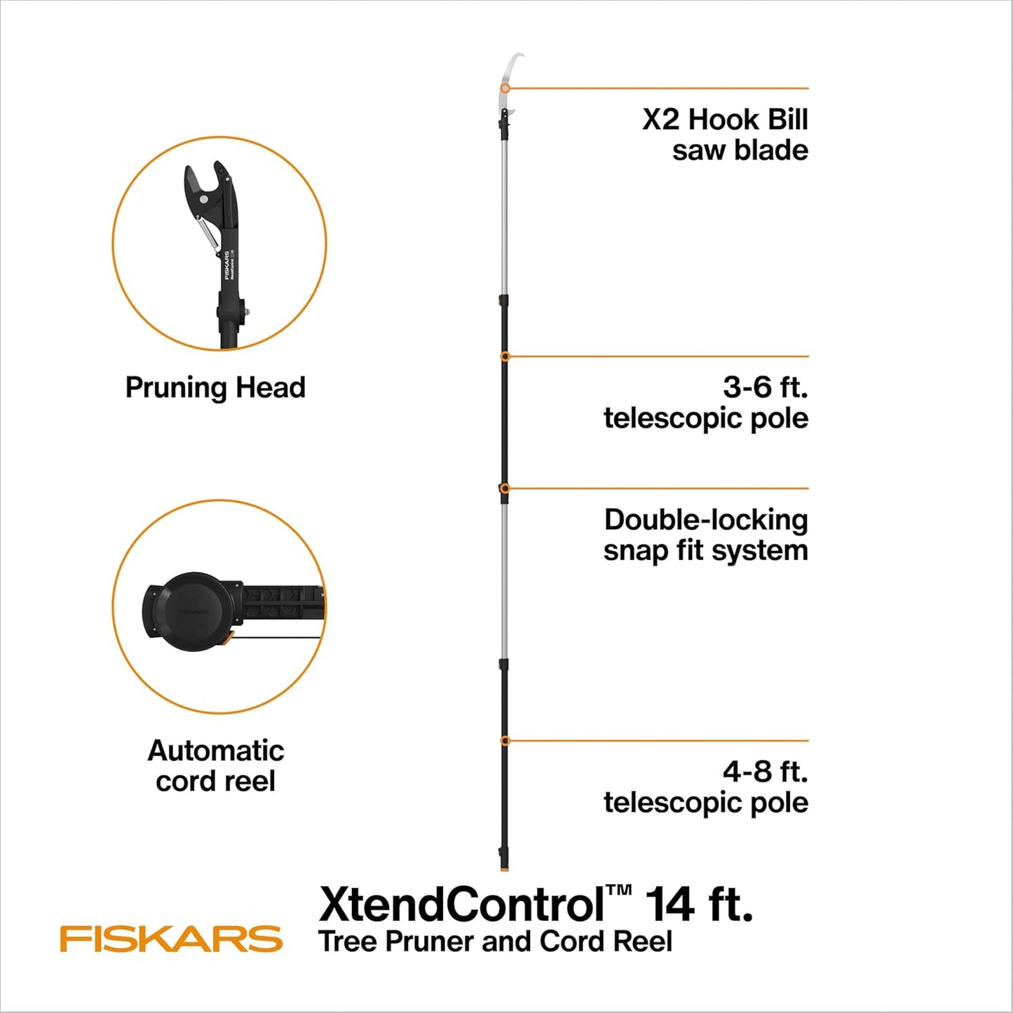 Fiskars XtendControl Extendable Tree Pruner (14 ft), Adjustable Branch Trimmer w/Fixed Pruning Head, 15" X2 Hook Bill Saw, 3-6 ft & 4-8ft Extension Poles, and Automatic Cord Reel for Precise Cuts