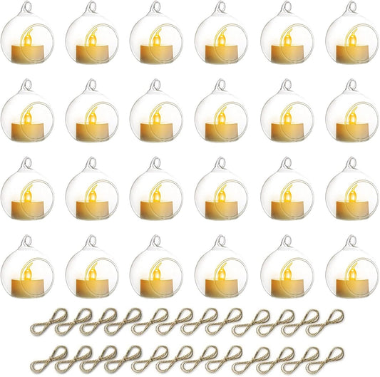 NUPTIO Hanging TeaLight Candle Holder: 24Pcs 2.36in Tree Tea Light Holders with LED Candles Small Glass Globes Ornament Clear Round Mini Terrarium Containers for Wedding Party Tree Decoration