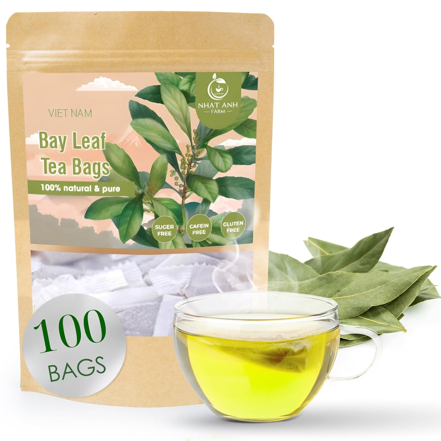 NHAT ANH FARM - Premium Bay Leaf Tea Bags, 100 Tea Bags, 100% Natural Dried Bay Leaf, Sugar-Free, Caffeine-Free, No Additives. Herbal Infusion For Daily Wellness