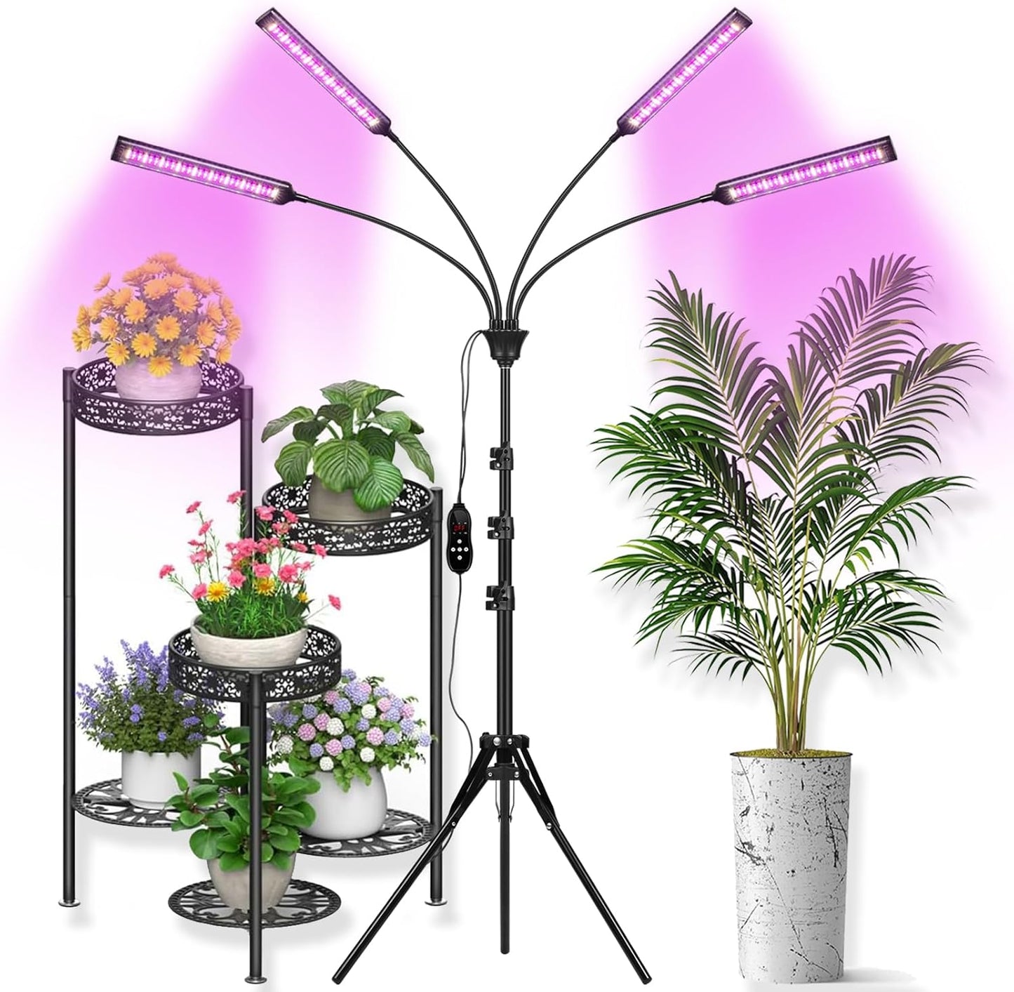 Grow Lights for Indoor Plants 4 Heads, Full Spectrum Plant Lights for Indoor Growing with Tripod Stand, Auto On/Off Timing 3/6/9/12/15/18H, LED Grow Lights for Indoor Plants. (4 Wide Heads)