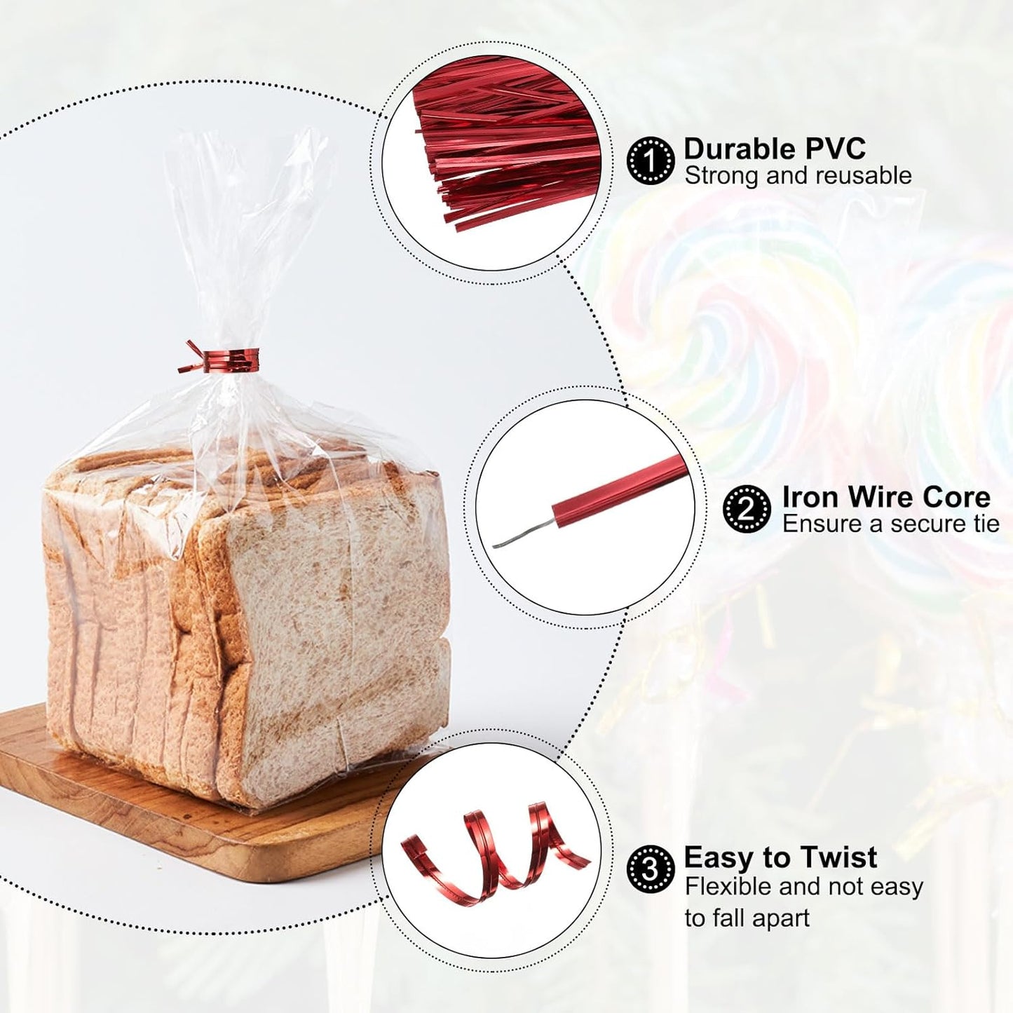 HARFINGTON 800pcs Bag Twist Ties 6" Reusable Plastic Metallic Twist Ties Wire Cable Ties for Party Bread Candy Cake, Red