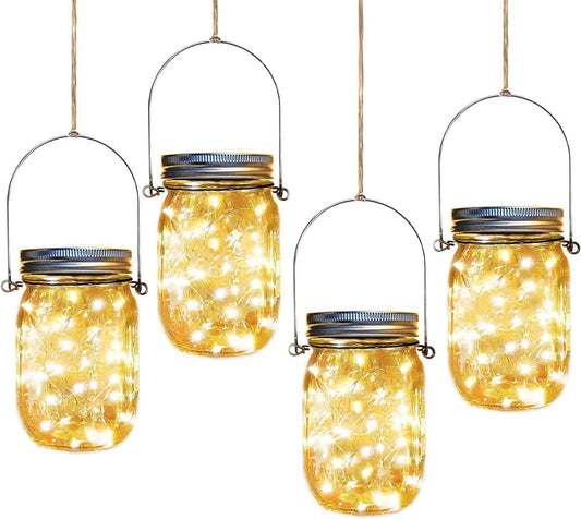 Solar Mason Jar Lights,4 Pack 30 Led Starry Fairy String Hanging Jar Lights,Solar Lanterns for Outdoor Patio Party Garden Wedding Christmas Decorations Lights(Mason Jars/Handles Included)