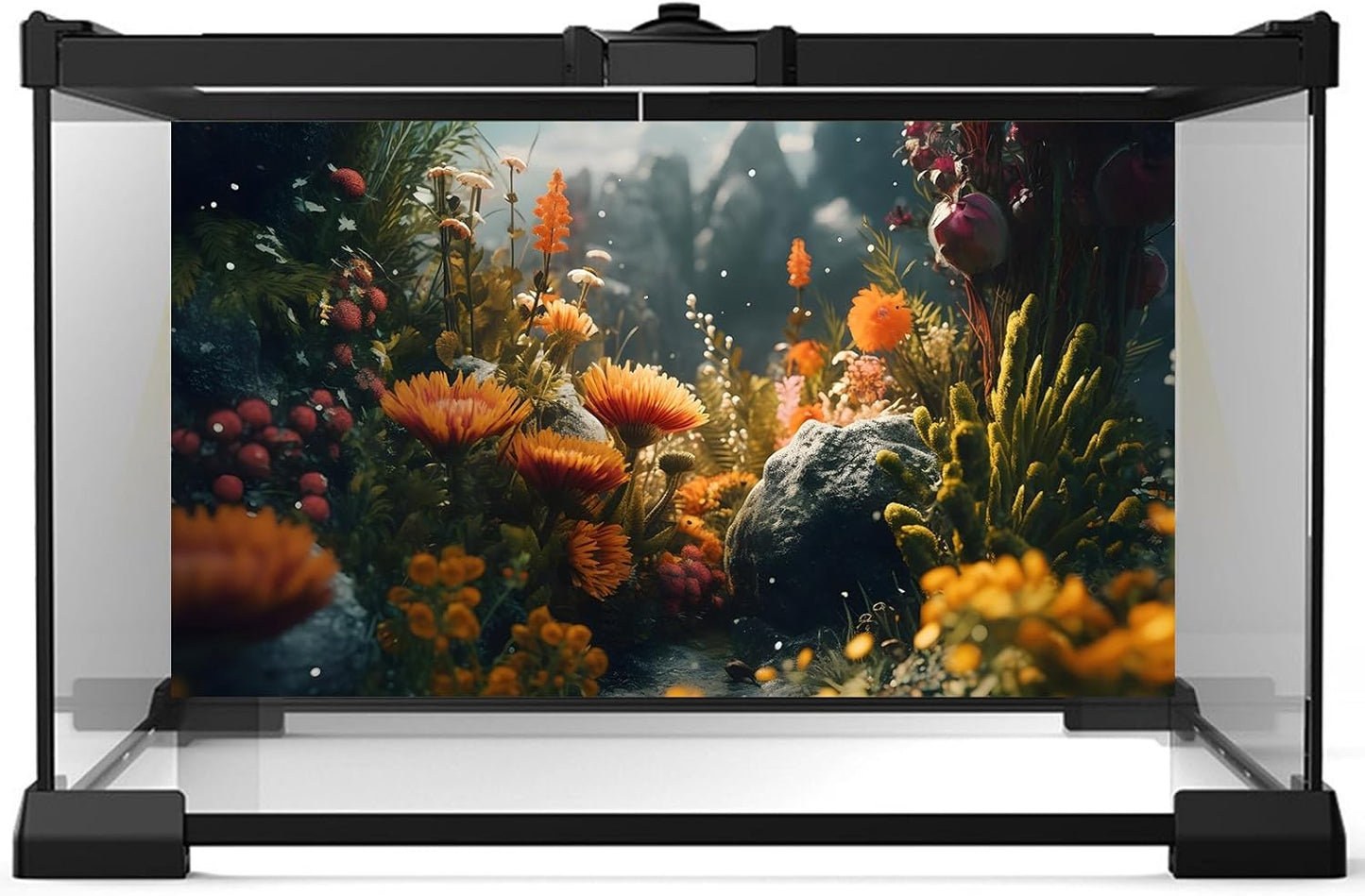 Foggy Stone Terrarium Background Green Seaweed Scenery Orange Floral Aquarium Background Durable Reptile Habitat Flower Background Mysterious Tank Backdrop Vinyl 48x18in