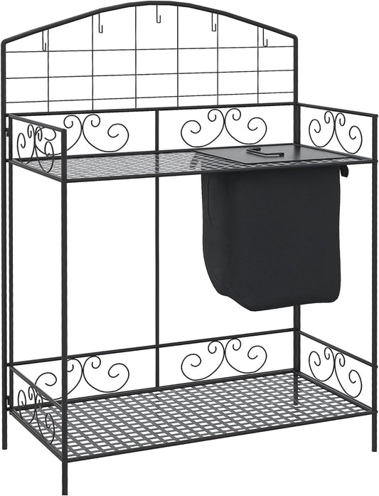 Outsunny Folding Potting Bench Table, Metal Garden Workstation, Work Bench with Large Build-in Bag with Cover, 5 Hanging Hooks & Storage Shelf, Flourishes
