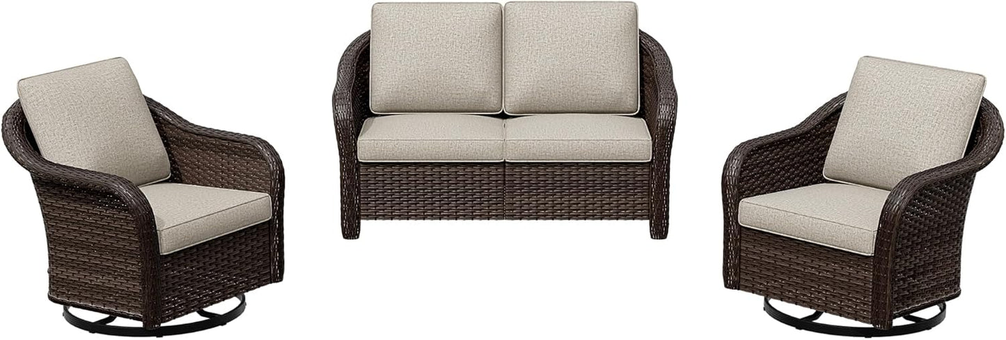 3 Pieces Patio Conversation Set, 55" Sofa with Washable Cushions, Wicker 360 Degree Swivel Glider Rocker Chairs, Wicker 2-Seat Couch for Garden, Lawn (Beige)