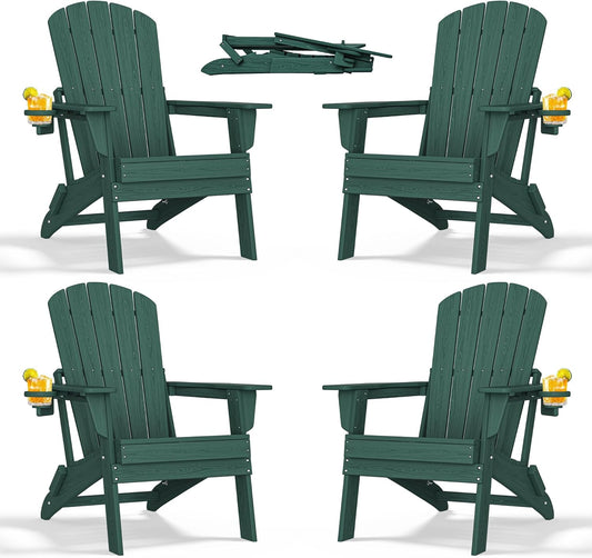 Folding Adirondack Chair - Extended Ergonomic Backrest, Cup Holder - Easy Assembly - Durable HDPE Plastic, Weather Resistant & Maintenance-Free - Lawn, Patio, Deck Supports 380lbs Green