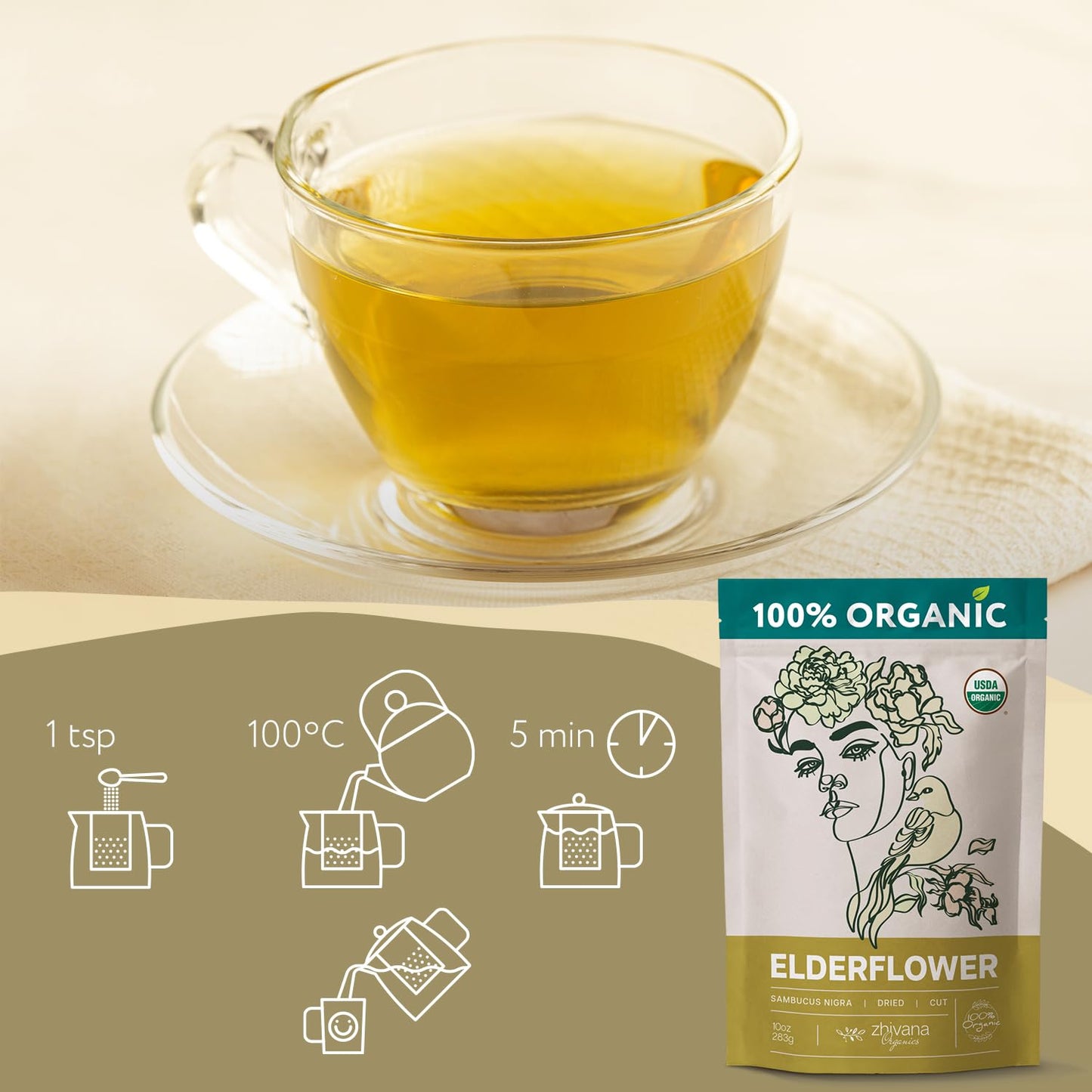 Elderflower Tea (10oz.) - Organic Dried Elderflowers - Elder Flowers Dried Herbs, Te de Sauco, Flor De Sauco Organico - Respiratory Tea - Great for Allergy