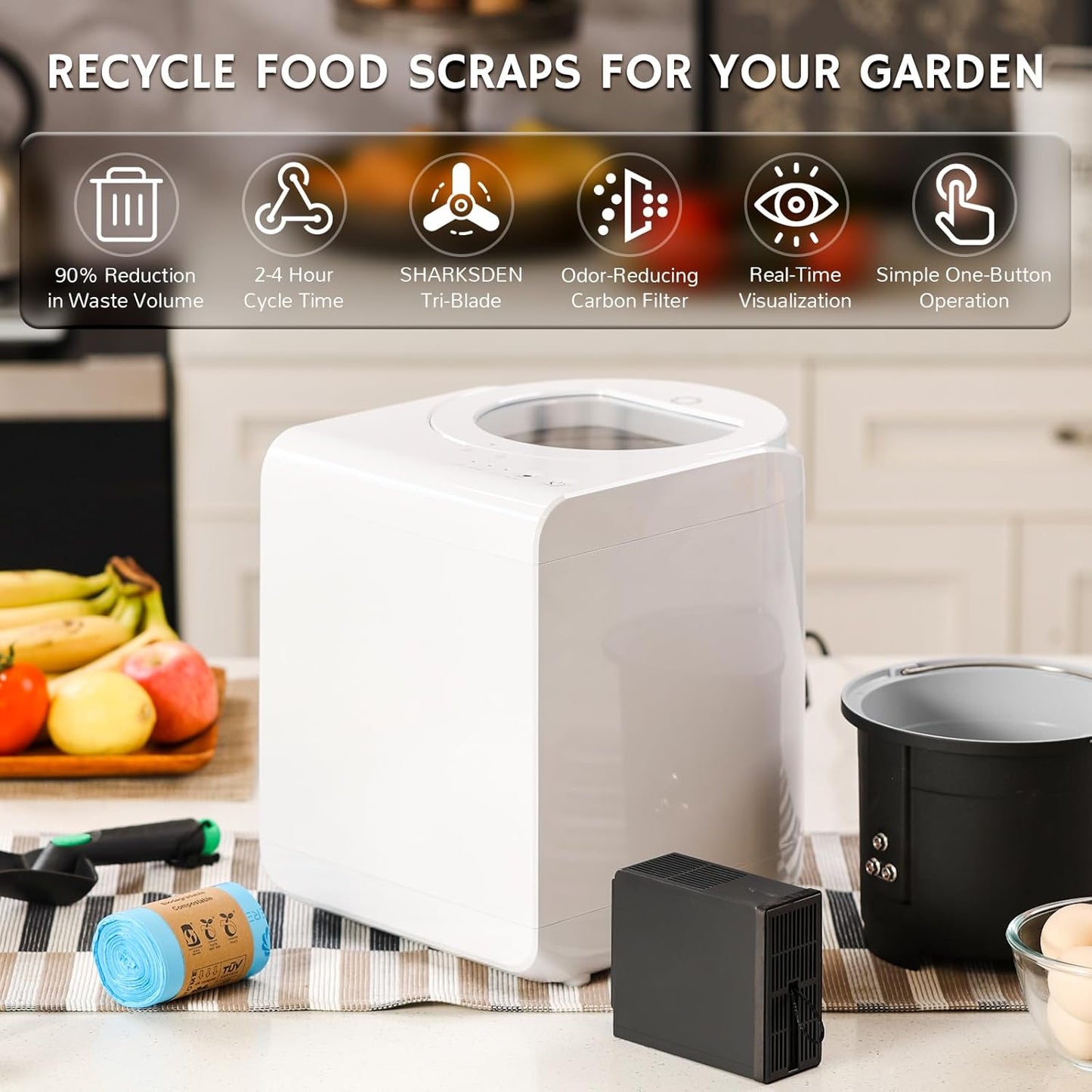 Airthereal Revive R500-V Electric Kitchen Composter with Visual Cover, Upgraded SHARKSDEN® Tri-Blade, Turn Food Waste and Scraps into Dry Natural Fertilizer for Plants, Pearl White