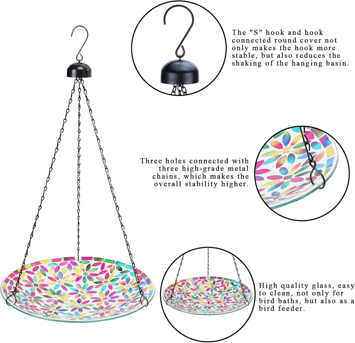VCUTEKA Hanging Bird Bath, Glass Mosaic Bird Baths for Outdoors Birdfeeder with 21 inch Rust-Proof Chain for Garden Yard Decor