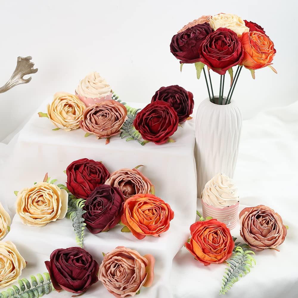 IPOPU Artificial Flowers Rose Heads 25PCS Artificial Rose Flower for Decorations Dried Flower Rose Heads Bulk for Wedding Flower Wall Decor Bridal Party Room Decor (Sunset Mixed)