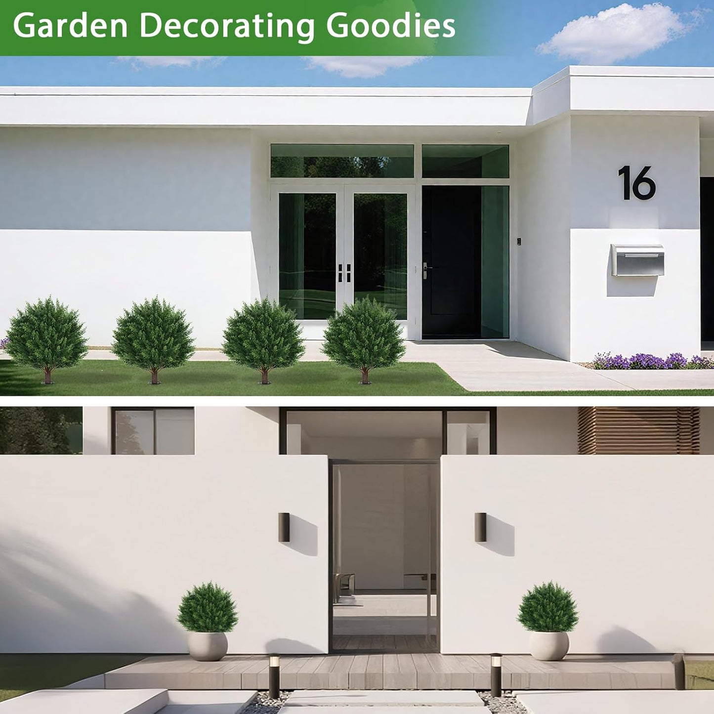 Artificial Set of 2 Cedar Topiary Ball Trees 16" for Outdoors with Ground Spike, UV Resistant Faux Cypress Plants, Evergreen Shrubs Bushes for Front Porch Garden Backyard Decor