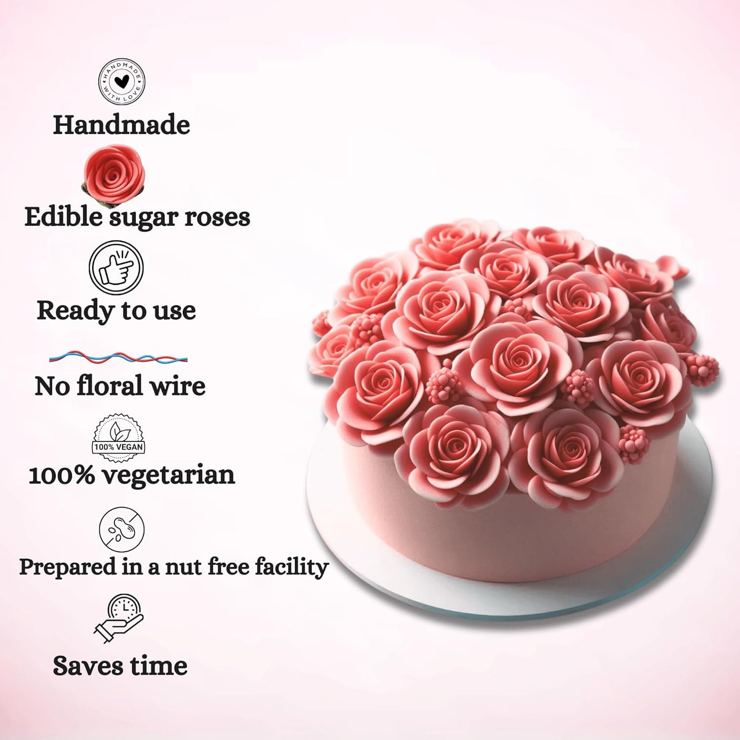 Confect Edible Coral Rose Cake Toppers | Handmade Edible Roses for Cakes, Cupcakes & Donuts | Floral Sugar Decorations for Wedding, Birthday & Festive Desserts – Pack of 12