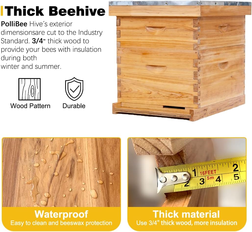 POLLIBEE 10 Frame Bee Hive,Beeswax Coated Beehive Kit for Bee Keeper,Complete Beehive Include 1 Deep Brood Bee Box and 1 Medium Bee Hive Box with Frame and Foundation