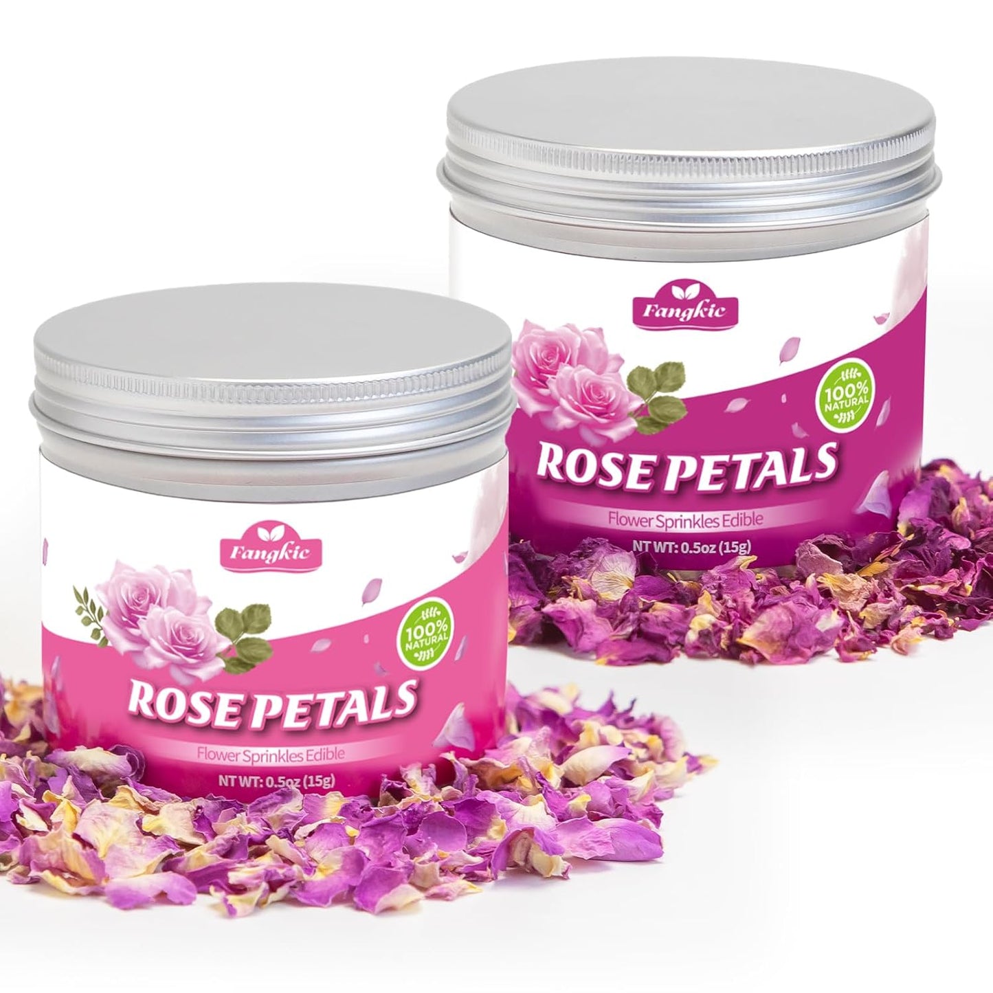 Fangkic Edible Rose Flower Petals for Cake, 2-Pack-0.5oz Each, 3AAA Food Grade Dried Double rose and Damascus Rose Flower Sprinkle for Baking, Cocktails, Tea, Soap –Gluten-Free, No Additives