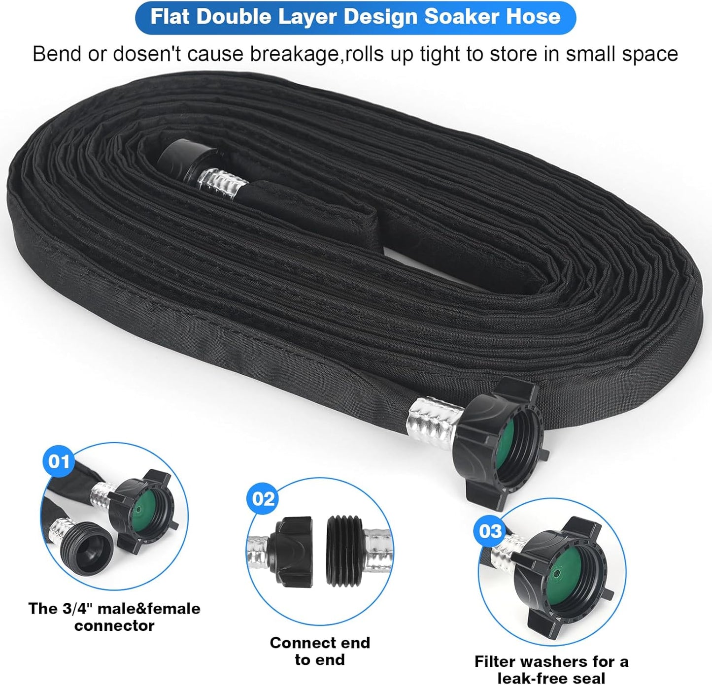 Flat Soaker Hose 50 FT,Drip Hose for Garden Beds Linkable Irrigation System Lightweight and Easy Watering for Tree Plant and Save 80% Water for You (50FT)