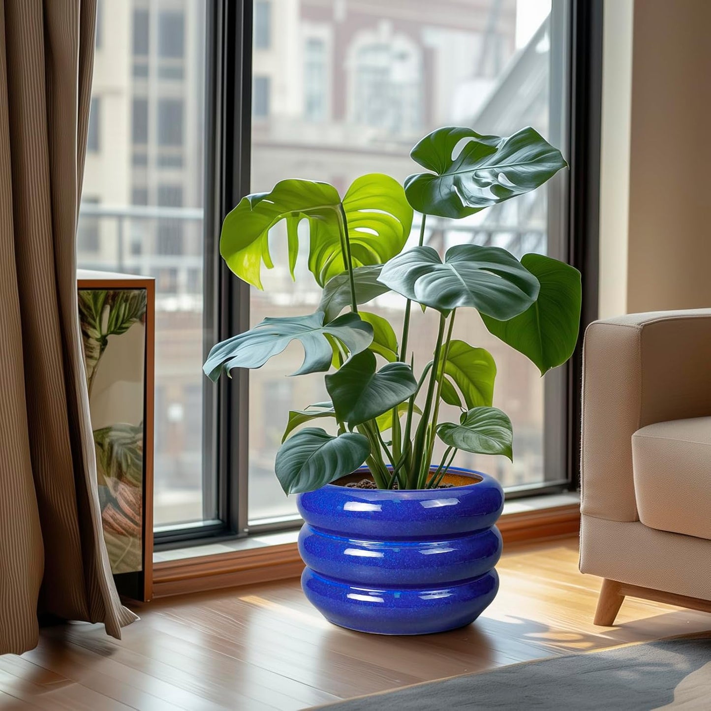 SQOWL Ceramic Plant Pot - 10 Inch Planter for Outdoor Plants Indoor Plant Pot with Drainage Hole Large Planter Decorative Modern Flower Pot for Home Office Decor Blue