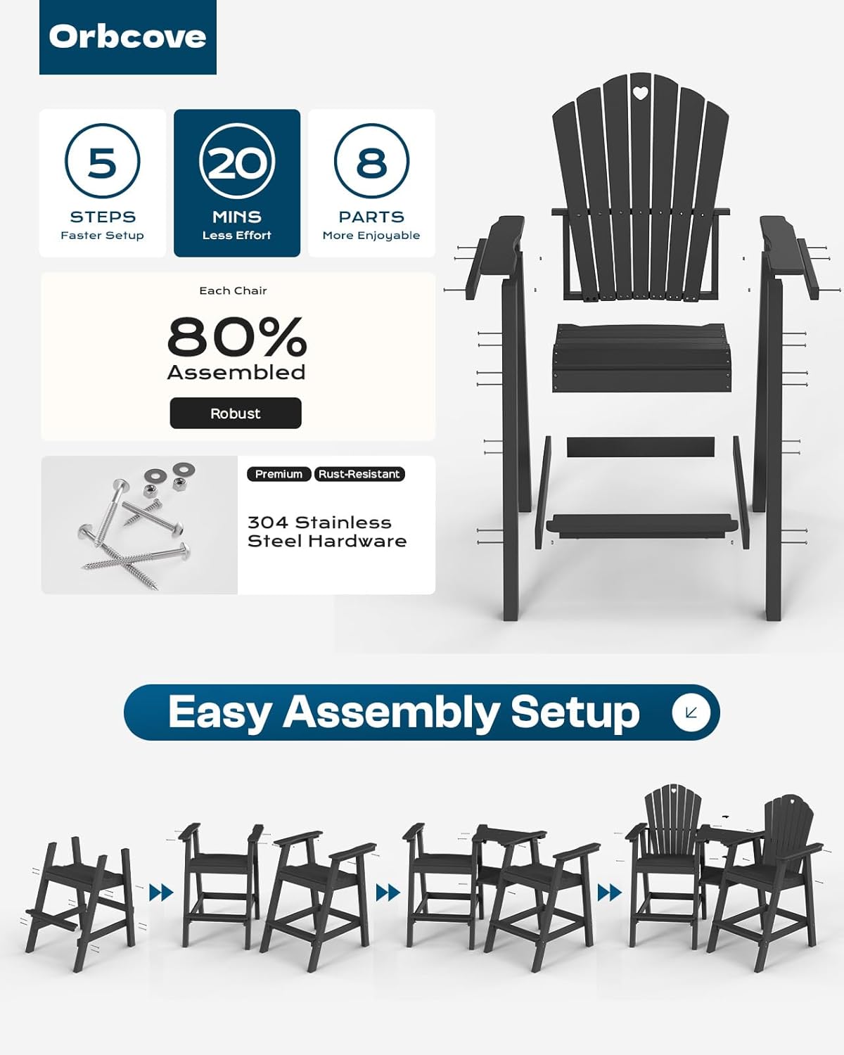 Tall Adirondack Chairs Set of 2 with Double Layer Connecting Table, HDPE Bar Height Outdoor Table and Chairs with Umbrella Hole, All Weather Outdoor Bar Stools for Patio, Deck,Backyard(Black)