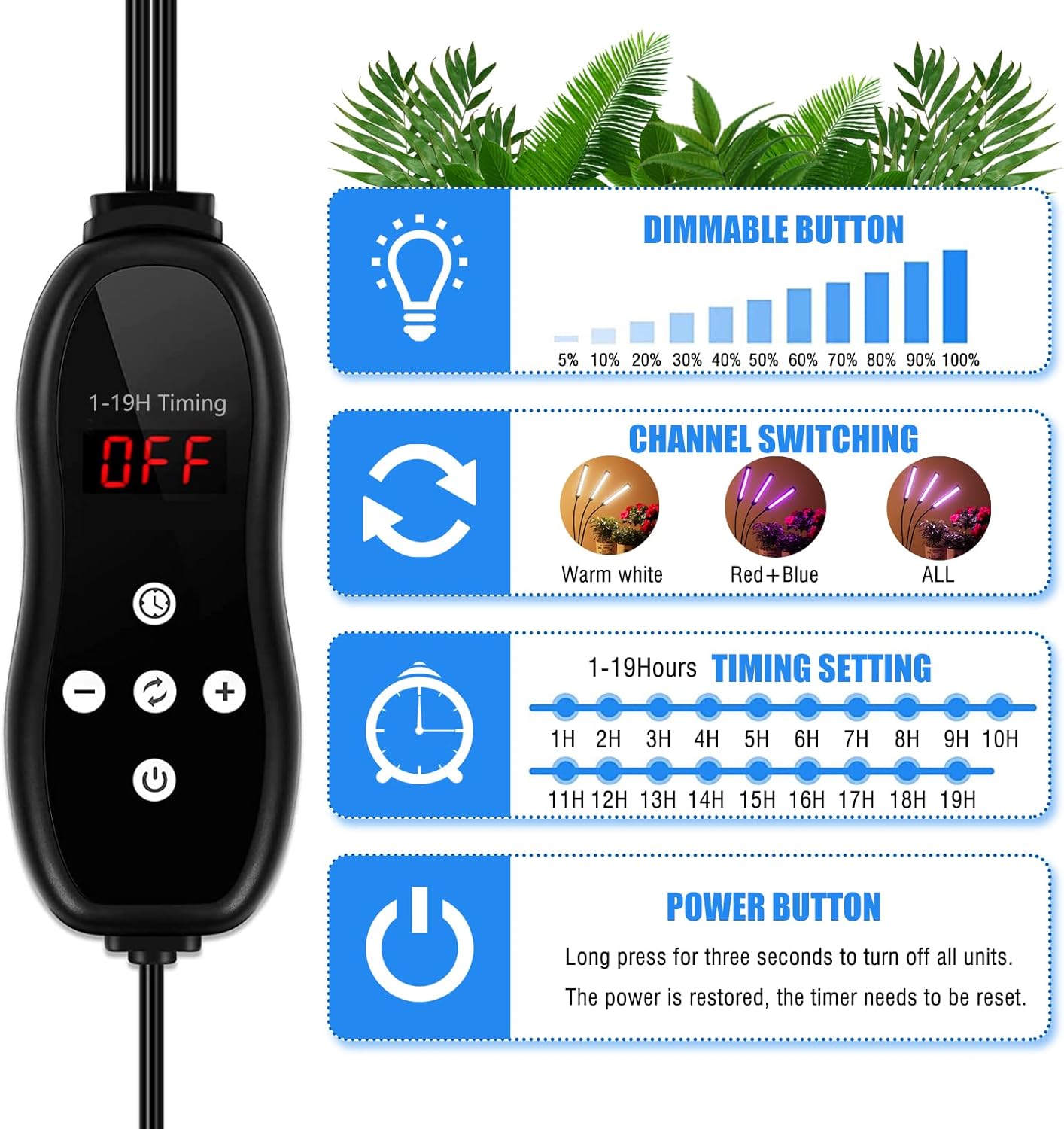 Grow Lights for Indoor Plants 5 Heads, Full Spectrum Plant Lights for Indoor Growing with Tripod Stand, Auto On/Off Timing 1-19H, LED Grow Lights for Indoor Plants. (5 Wide Heads)