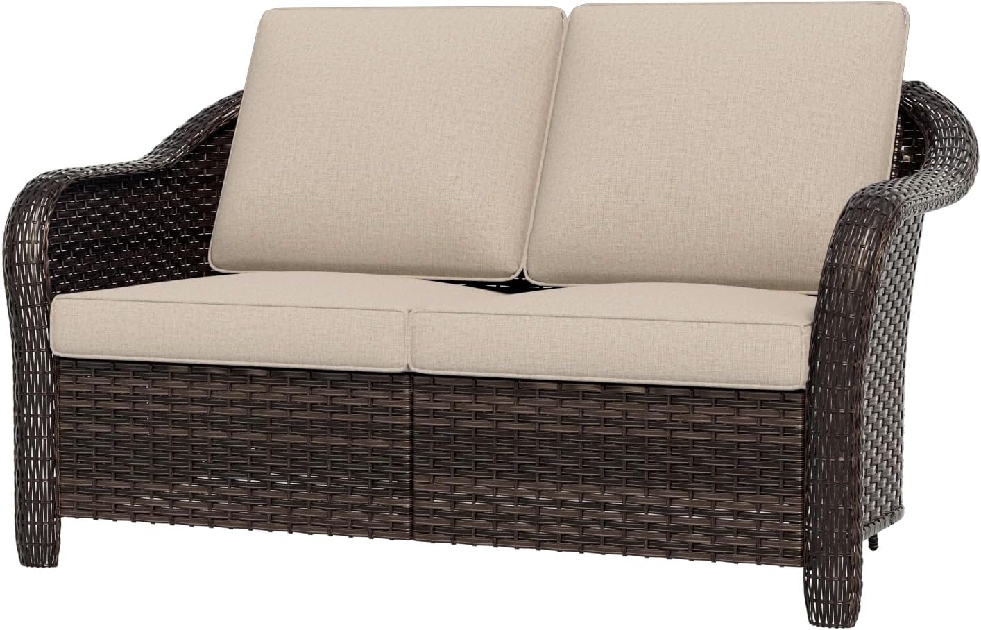 55 inch Outdoor Wicker 2 Seater Sofa, All-Weather Use Patio Rattan Loveseat with Seat and Back Cushion, Ideal for Porch, Backyard, Balcony, Poolside, Beige