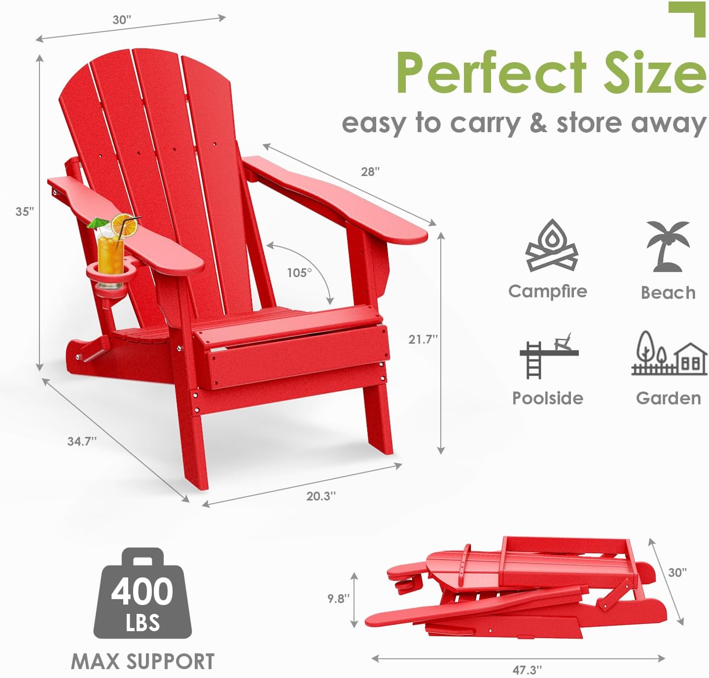 GREENVINES Folding-Adirondack-Chairs-Set-of-4 | HDPE Plastic | Fire Pit Chair | All Weather | Cup Holder | Red | for Deck Backyard Patio Outdoor Garden