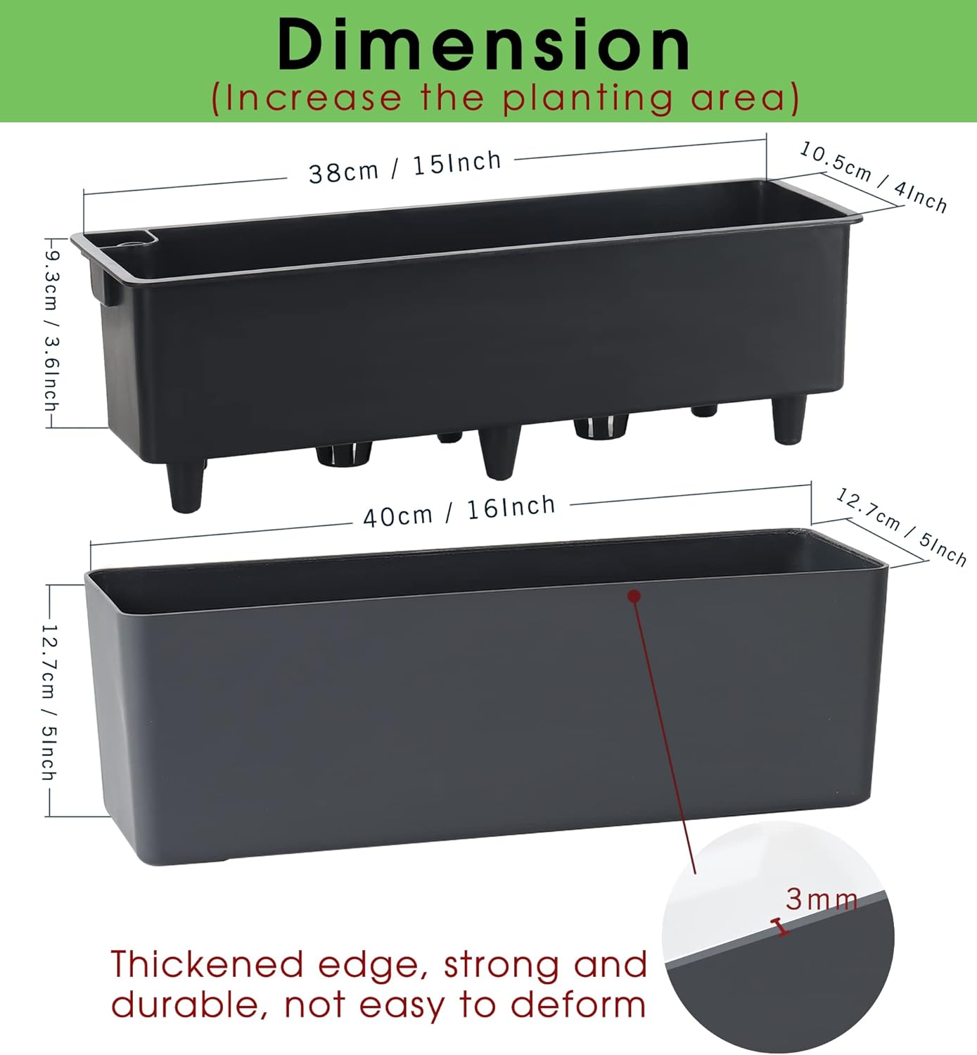 GardenBasix Elongated Self Watering Planter Pots Window Box 5.5 x 16 inch Indoor Home Garden Modern Decorative Planter Pot for All House Plants Flowers Herbs (Dark Grey,1-Pack)