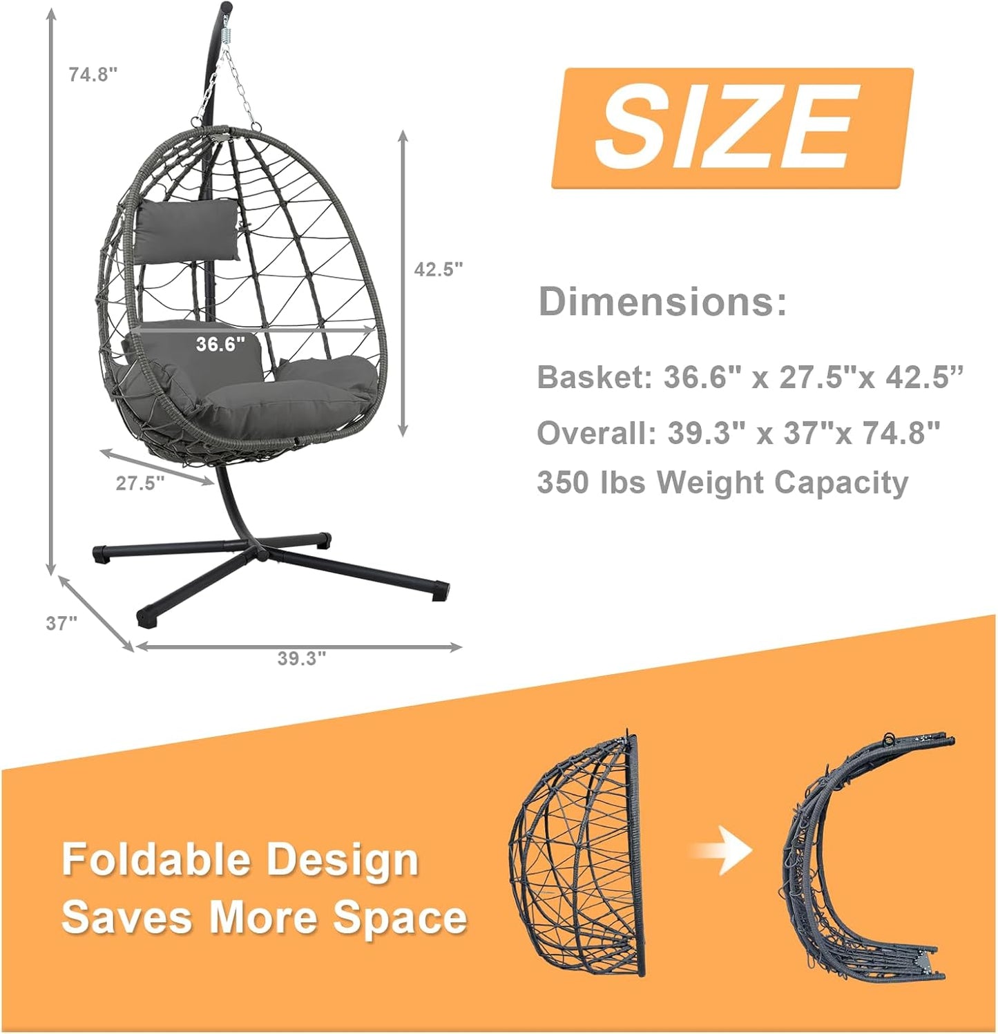 Hanging Egg Chair with Stand Egg Chair Indoor Outdoor, Patio Swing Hammock Egg Chairs, UV Resistant Removable &Washable Thicken Padded Cushions, 350LBS Capacity for Bedroom, Balcony, Garden, Dark Grey