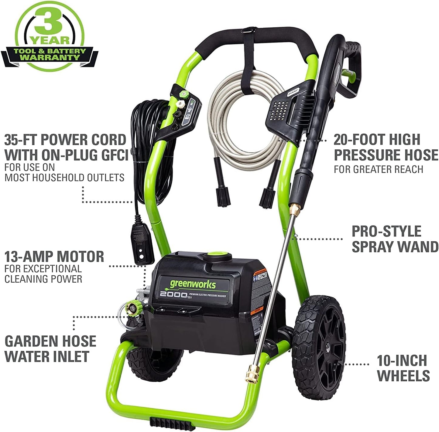 Greenworks 2000 PSI (13 Amp) Electric Pressure Washer (Wheels For Transport / 20 FT Hose / 35 FT Power Cord) Great For Cars, Fences, Patios, Driveways