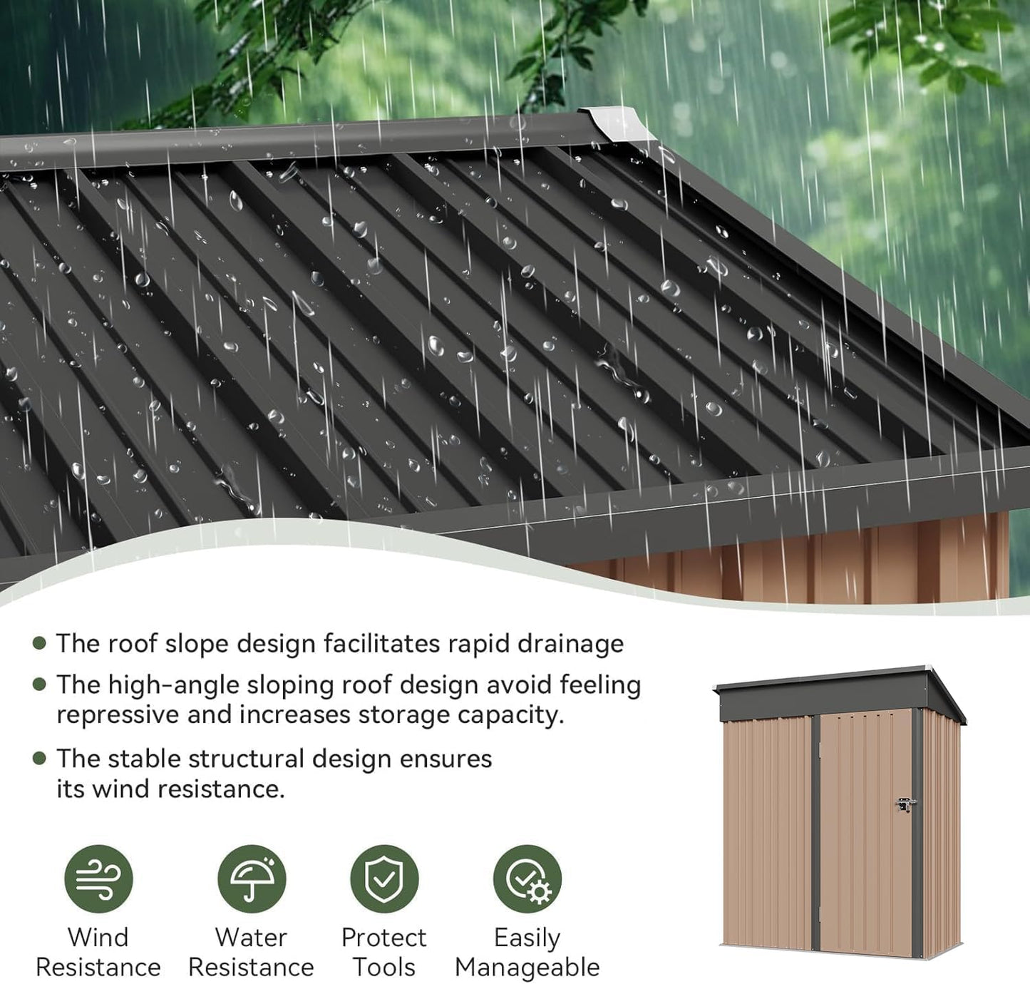 Aoxun 5x3 FT Shed Outdoor Waterproof Storage Shed Metal Garden Shed with Lockable Doors & Slooping Roof for Backyard, Patio, Poolside (Brown)