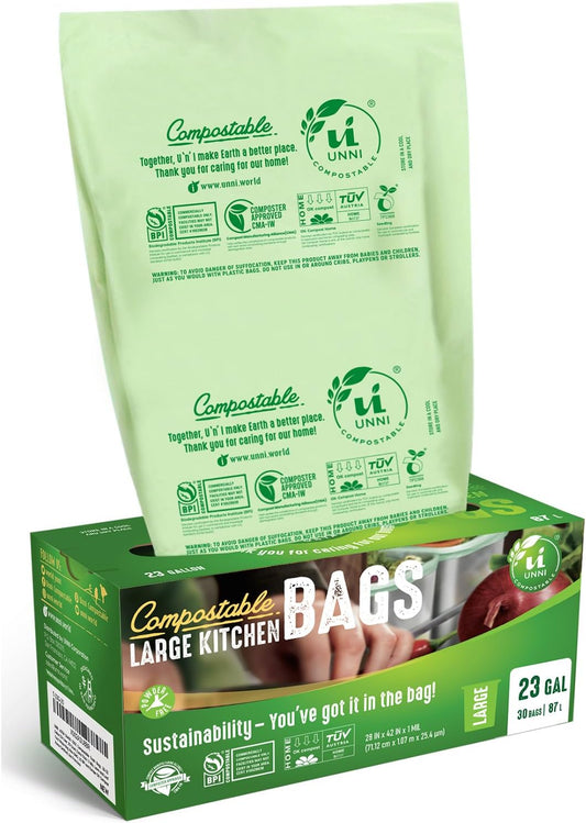 UNNI Compostable Trash Bags, 20-23 Gallon / 87 Liter, 60 Count Value Pack, Extra Thick 1.0 mil Large Bin Liners for Food Scrap, BPI, CMA & OK compost HOME Certified (Meets ASTM D6400)