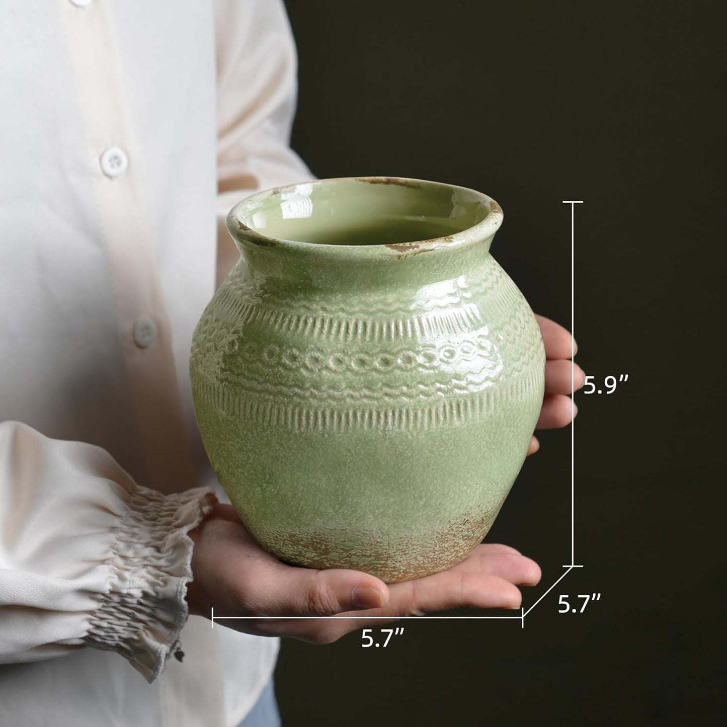 Quoowiit Ceramic Rustic Farmhouse Vase, Green Distressed Flower Vase for Home Decor, Boho Decorative Vases for Centerpiece Table Decorations, Vases for Living Room Kitchen Entryway Mantle Shelf Decor