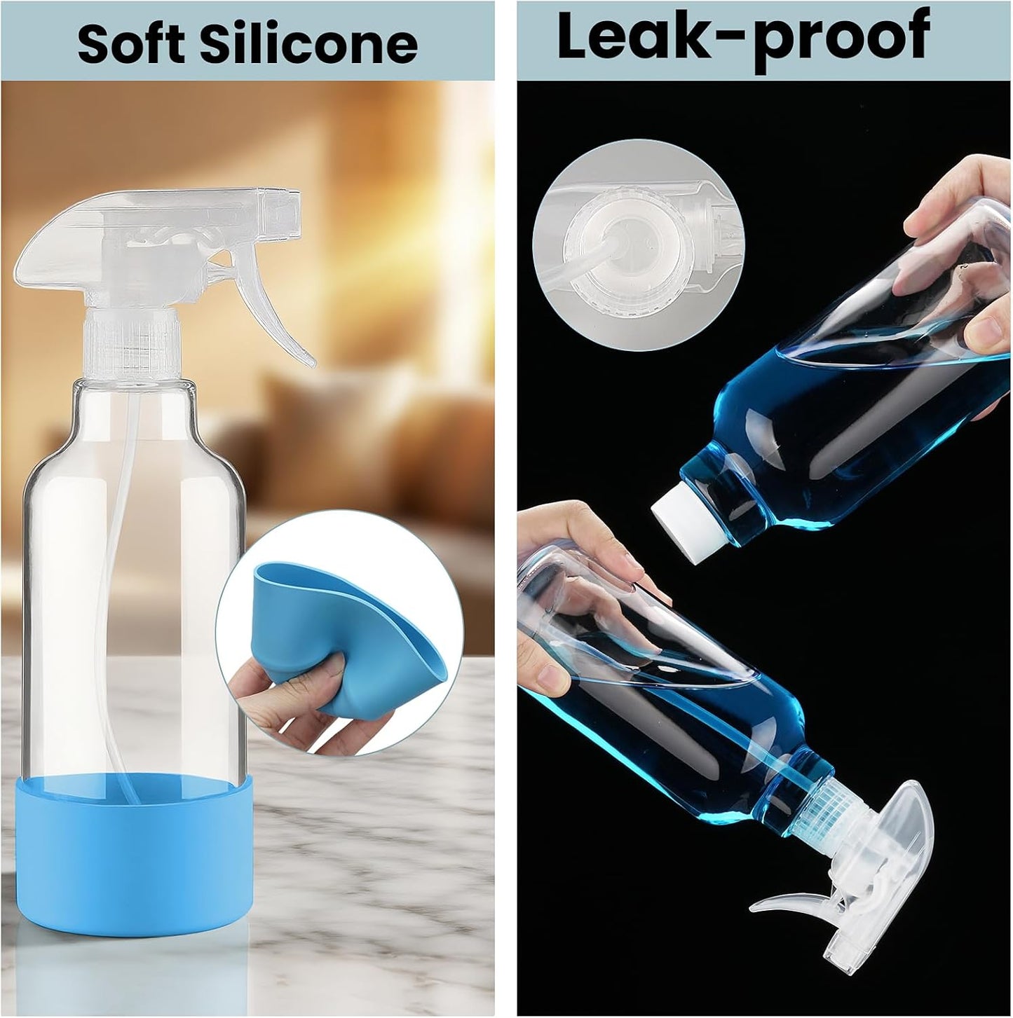 Glass Spray Bottles with Silicone Sleeve, 2 Pack 16.9oz Refillable Containers with Adjustable Spray Nozzles, Empty Spray Bottle for Cleaning Solutions, Hair, Plants (Blue+Grey)