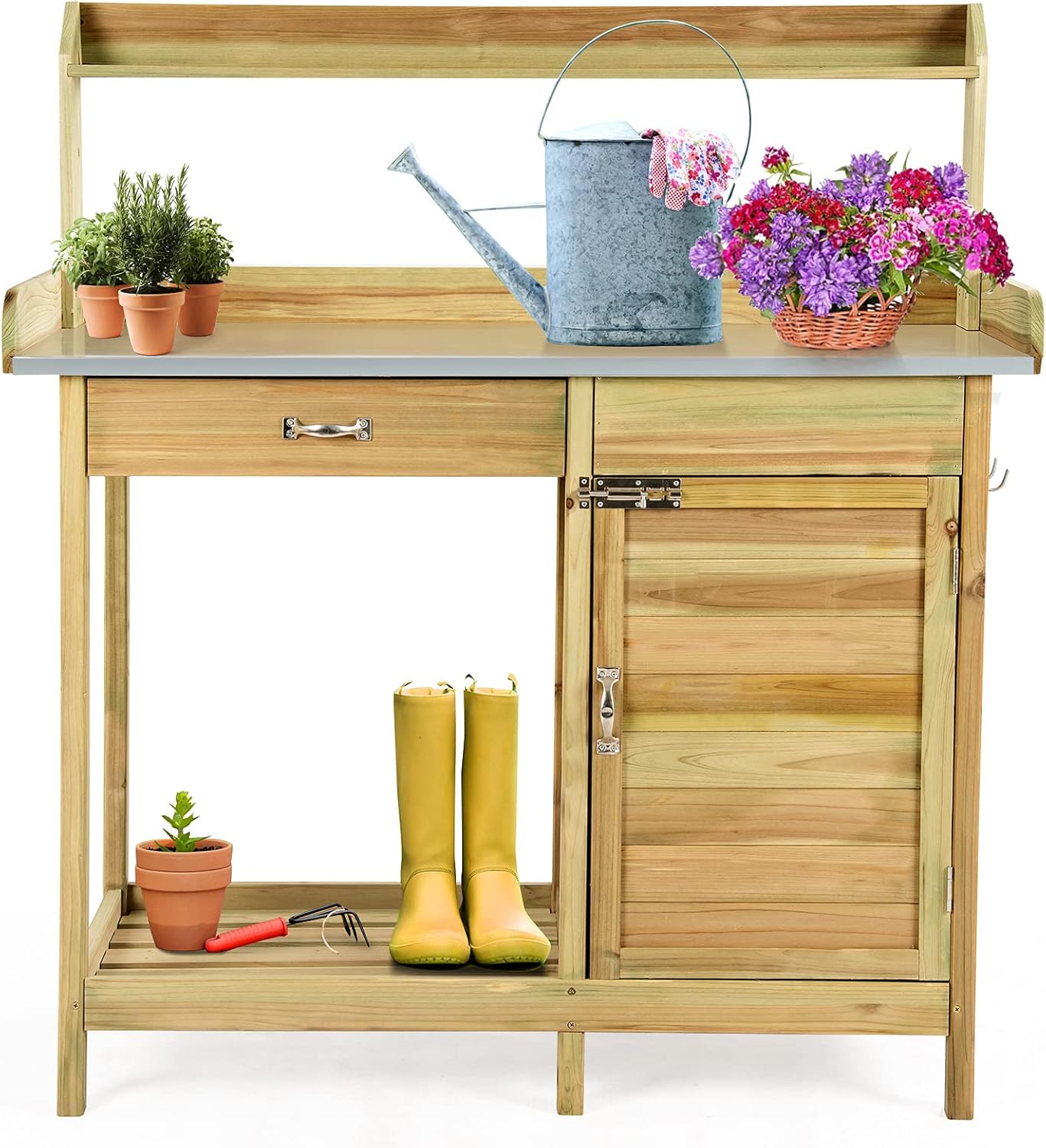 S AFSTAR Outdoor Potting Bench Table, Wooden Garden Work Station with Drawer, Storage Cabinet, Open Shelf, Side Hooks, Metal Tabletop Gardening Workbench, Potting Benches for Outside Backyard Balcony