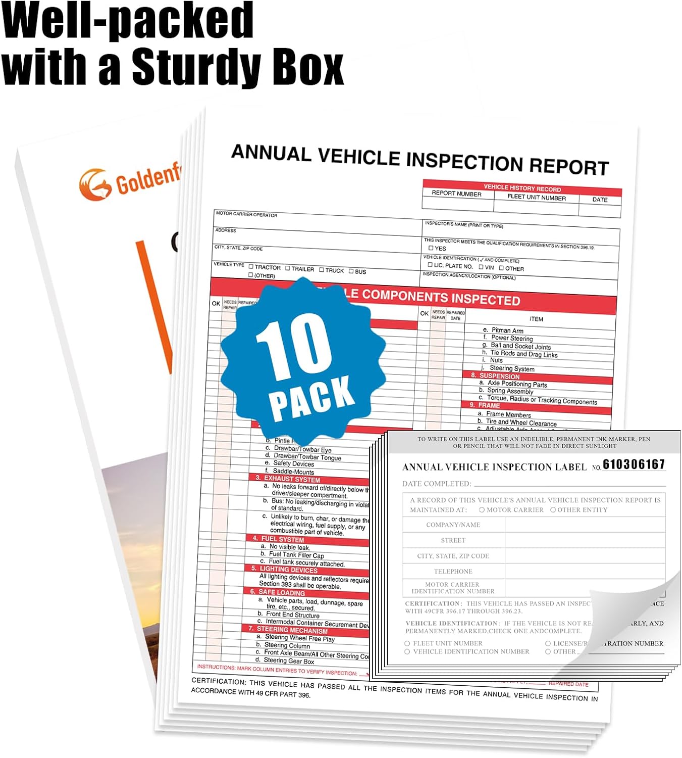 Goldenfox DOT Inspection Forms and Stickers. 10-Pack,3-Ply Carbonless Annual Vehicle Inspection Report Form(8.5" x 11.75") with 2-Ply Vinyl White Interior Inspection Label(5"x4")