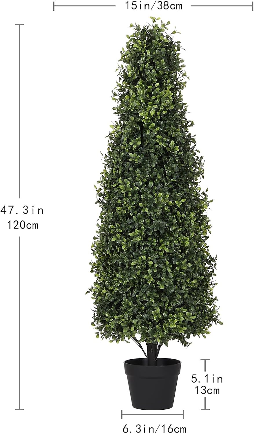 4ft Artificial Boxwood Topiary Trees (Set of 2) - UV Resistant Faux Plants Outdoor, Realistic 48in Fake Potted Bushes and Shrubs for Front Porch, Planter, Patio - Low Maintenance & Evergreen