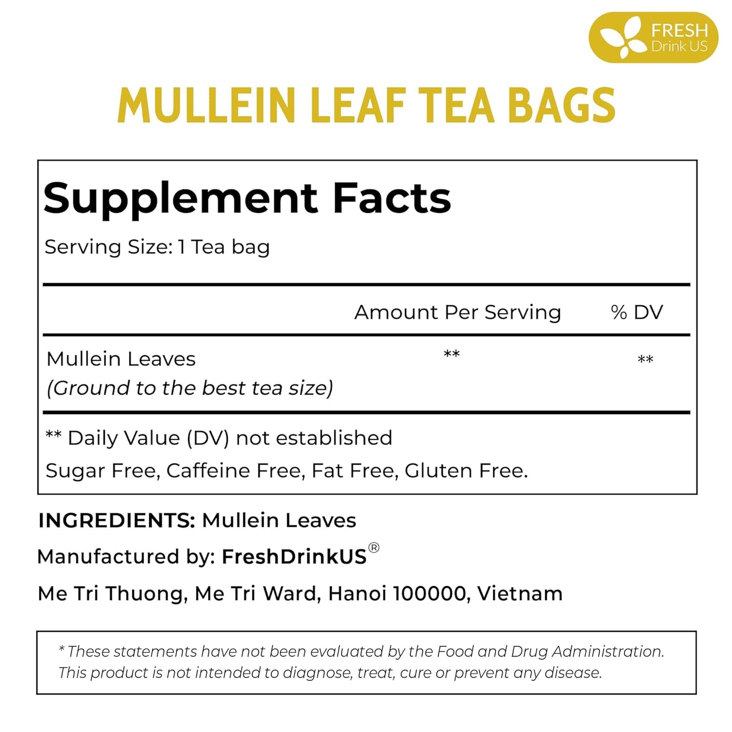 FreshDrinkUS, Premium 10 Mullein Leaf Tea Bags For Lungs, 100% Natural & Pure from Mullein Leaves. Loose Leaf Mullein Herbal Tea. Made with Natural Material Tea Bags. No Sugar, No Caffeine, No Gluten, Vegan.