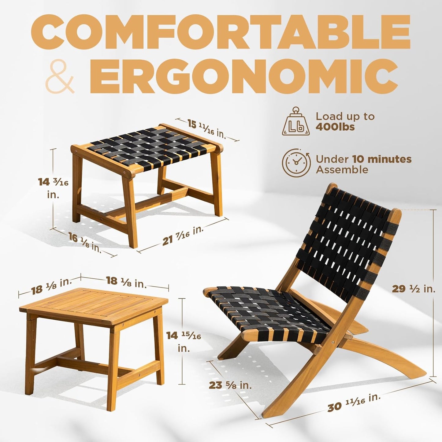 IDZO Foldable Reclining Design Heavy Duty 400lbs Capacity Patio Bistro Set 5 Piece with Ottomans Outdoor