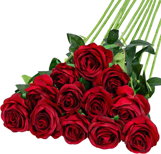 Hawesome 12PCS Artificial Silk Flowers Realistic Roses Bouquet Long Stem for Home Wedding Decoration Party (Wine Red 1)