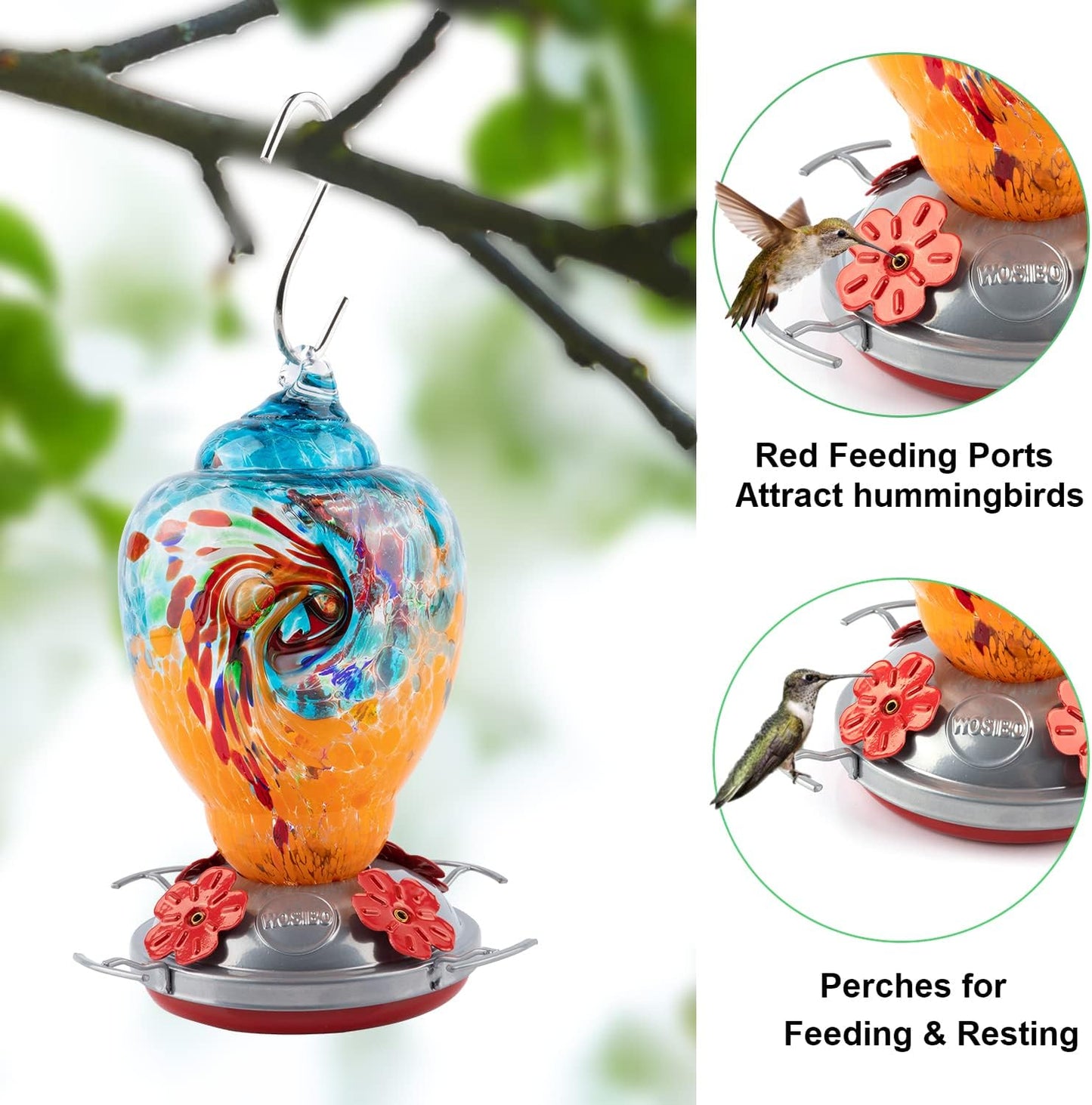 WOSIBO Hummingbird Feeder for Outdoors Patio Large 32 Ounces Colorful Hand Blown Glass Hummingbird Feeder with Ant Moat Hanging Hook, Rope, Brush and Service Card (Blue-Orange)