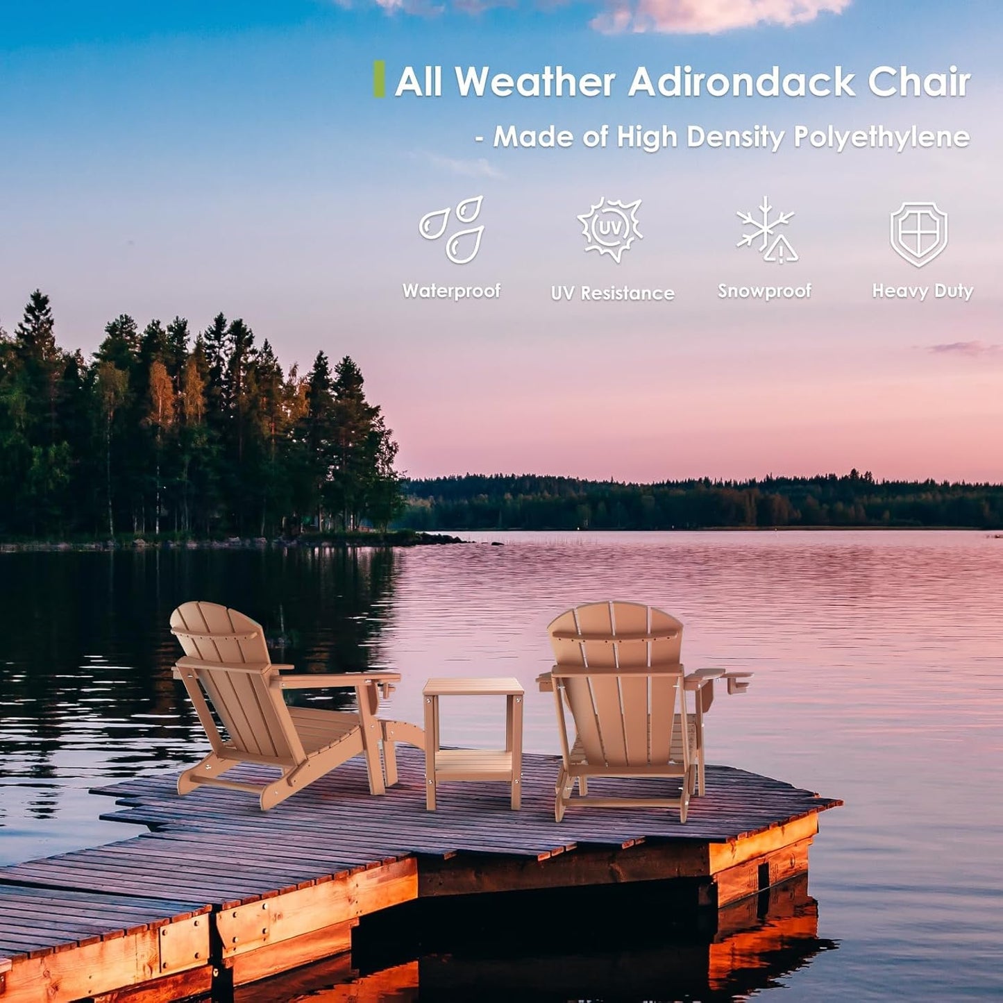 GREENVINES Folding-Adirondack-Chair | HDPE Plastic | Fire Pit Chairs | All Weather | Cup Holder | Teak | for Deck Backyard Patio Outdoor Garden