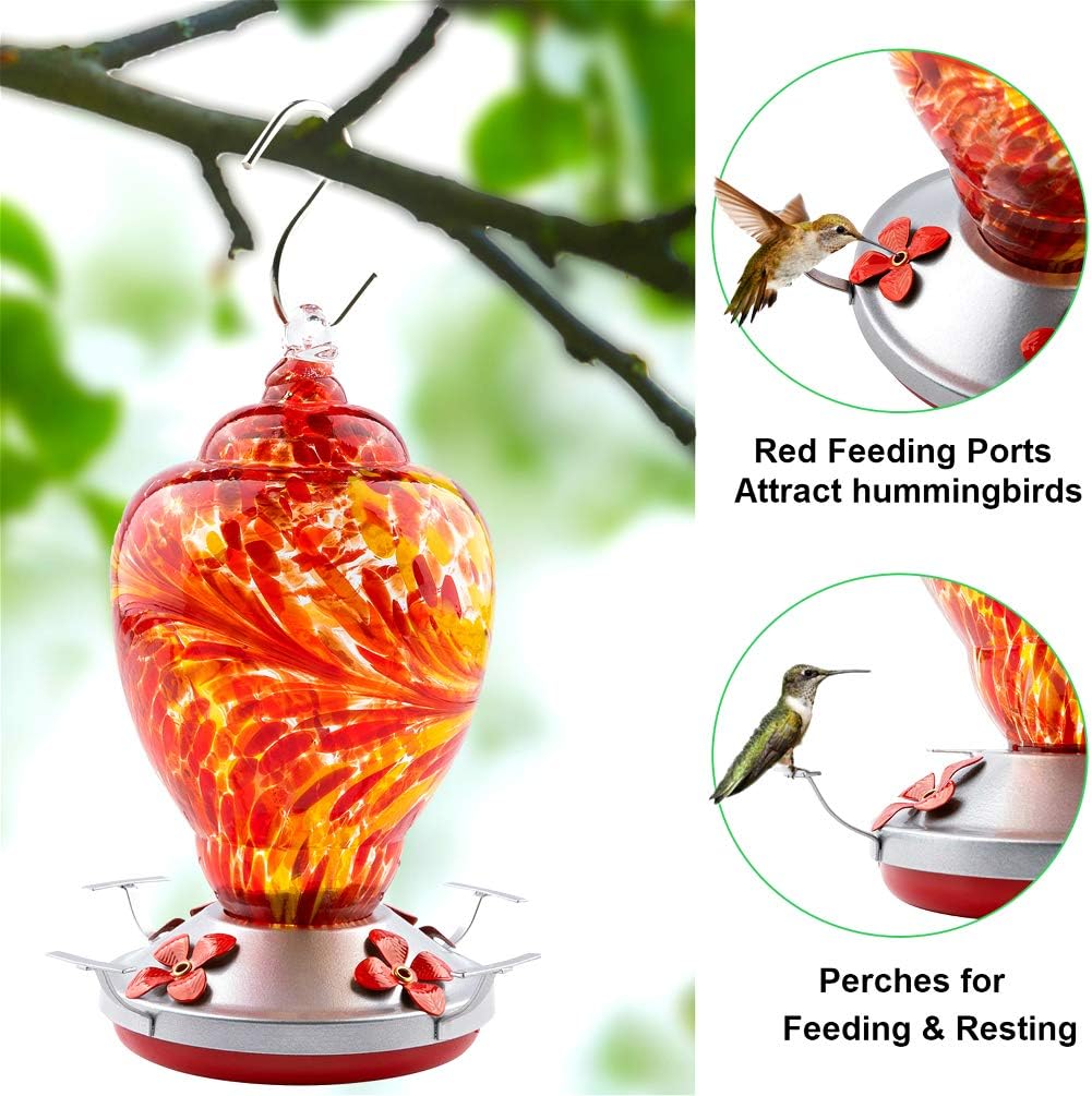 WOSIBO Hummingbird Feeder for Outdoors Patio Large 32 Ounces Colorful Hand Blown Glass Hummingbird Feeder with Ant Moat Hanging Hook, Rope, Brush and Service Card (RED)