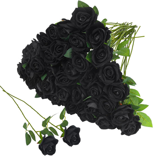36 Pcs Silk Black Rose Bouquet Bridal Artificial Flowers,Fake Rose Long Stem Realistic Artificial Flowers Bulk for Wedding Bouquet Ball Arrangement Centerpiece Party Decor