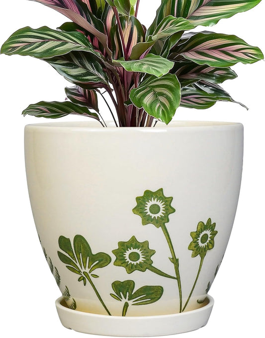 Indoor Plant Pot 6.8 Inch - Ceramic Planter for Indoor Flowers with Drainage Hole and Saucer, Boho Round Decorative Outdoor Flower Pot, Gifts for Plant Lovers, Garden Office Home Decor, White