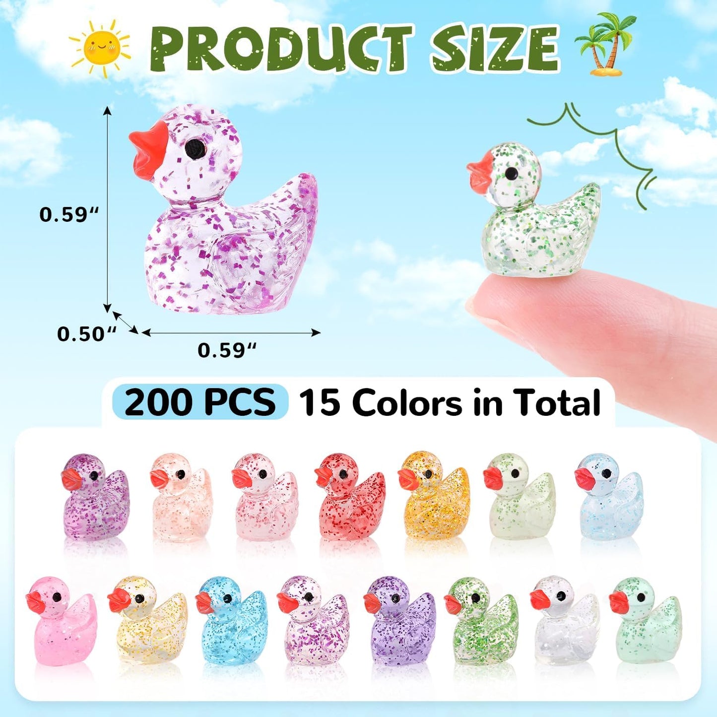 200PCS Mini Resin Animals Cute Colorful Glitter Tiny Ducks, Miniature Figures to Hide, Little Animal Accessories Bulk for Topper Garden Dollhouse Landscape Aquarium Ornaments DIY Crafts & Decor